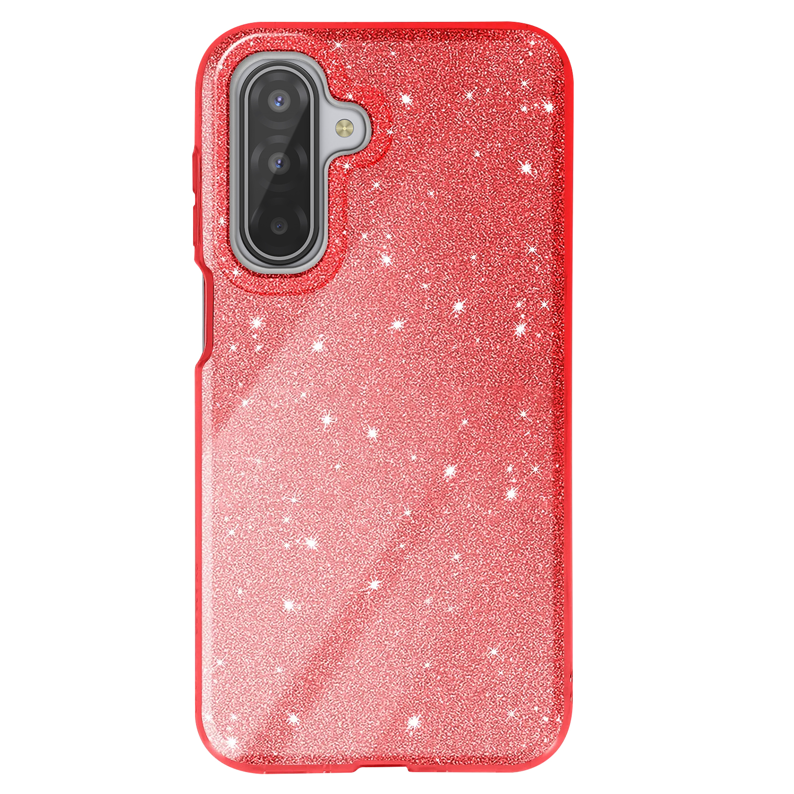 Een rode, sprankelende telefoonhoes met een uitsparing voor de camera. De hoes heeft een glanzende afwerking met stervormige glitter.
