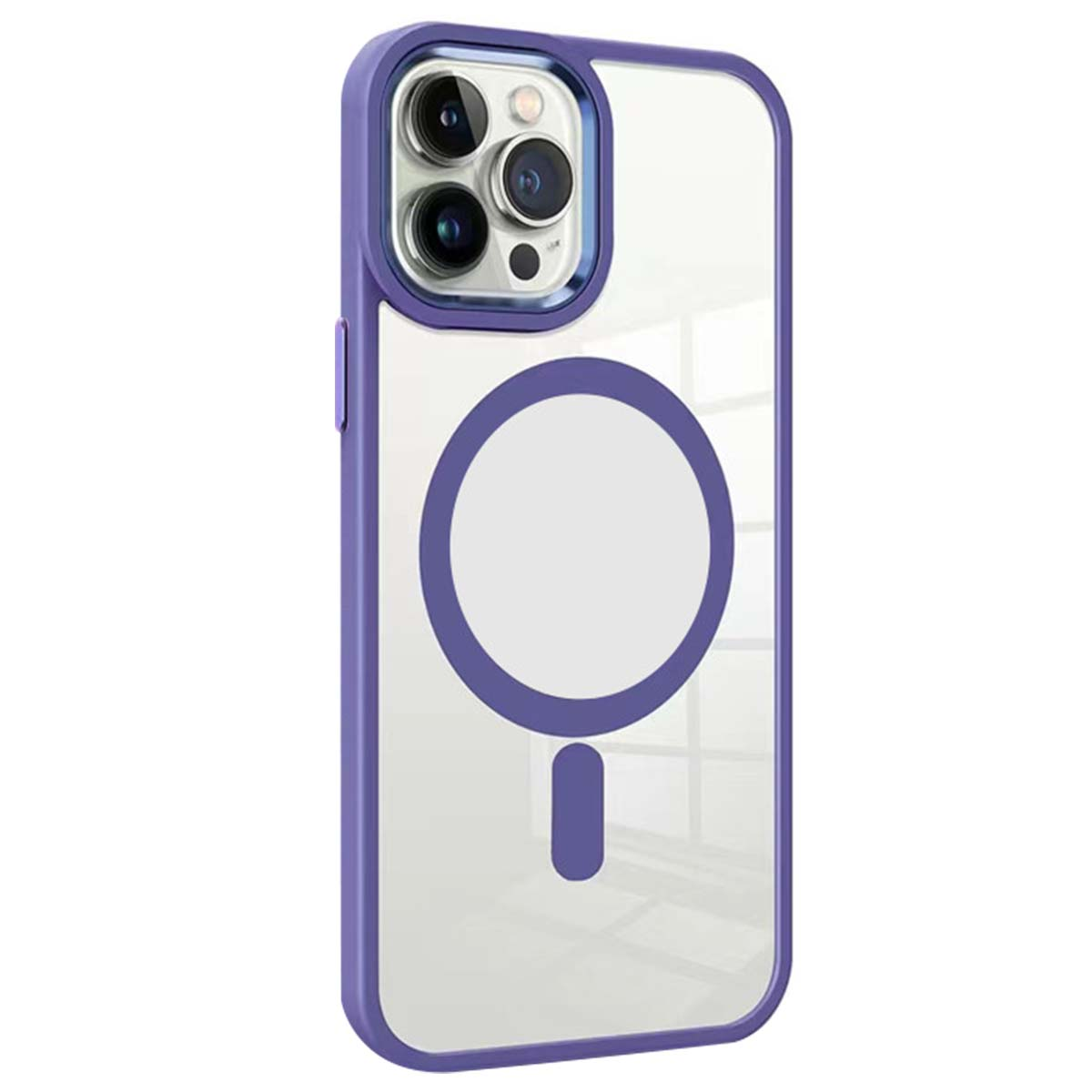 Una custodia trasparente per iPhone con cornice viola e design a cerchio viola sul retro.