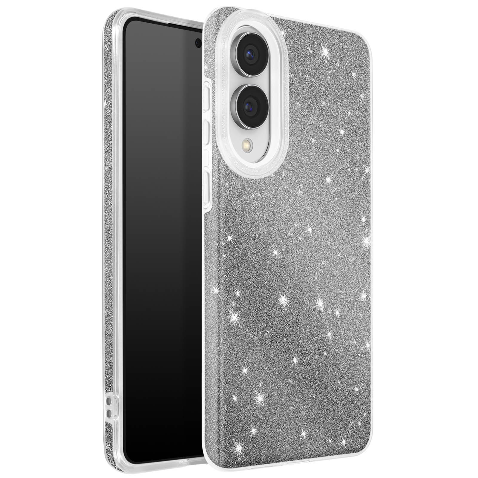 Un téléphone dans un étui argenté scintillant. Le téléphone est noir. L'étui a un contour clair.