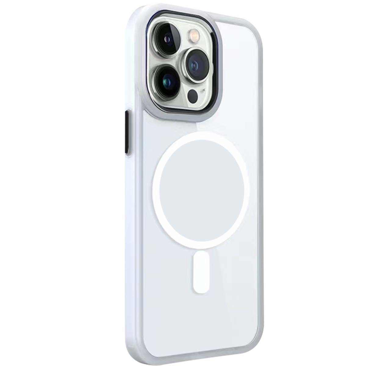 Viene mostrata una custodia trasparente per iPhone. Ha un anello MagSafe bianco e un retro trasparente con cornice bianca. La fotocamera è visibile.