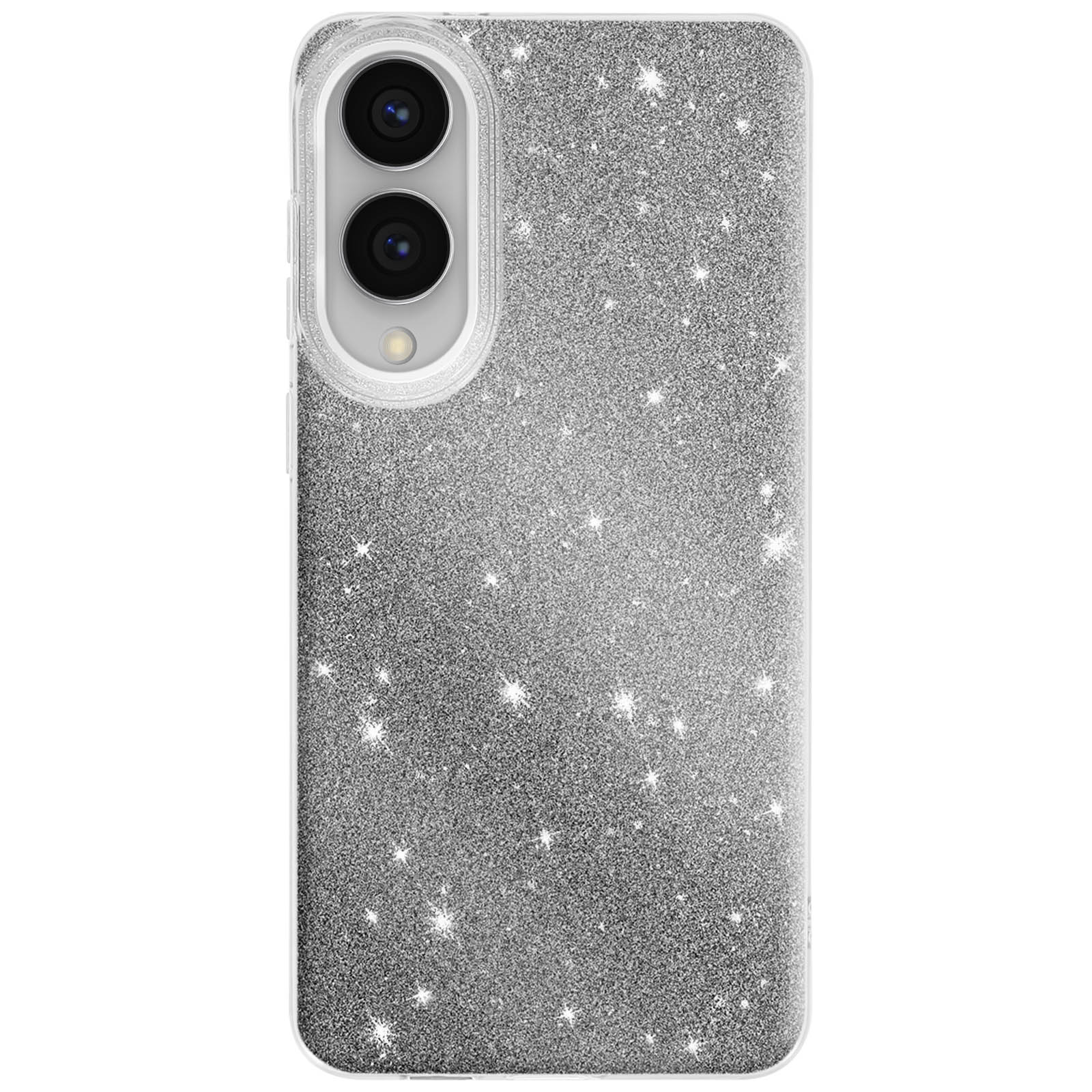 Une coque de téléphone argentée à paillettes avec un module caméra. La coque a un cadre transparent et une texture scintillante.