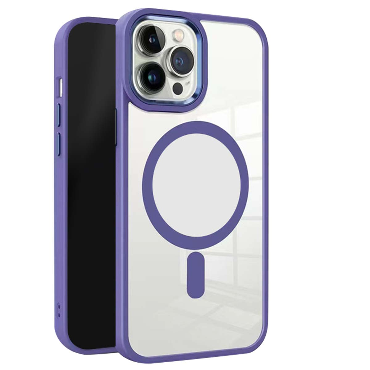 Custodia trasparente per telefono con bordi viola. Ha un design a cerchio e trattino sul retro. Il telefono è nero.