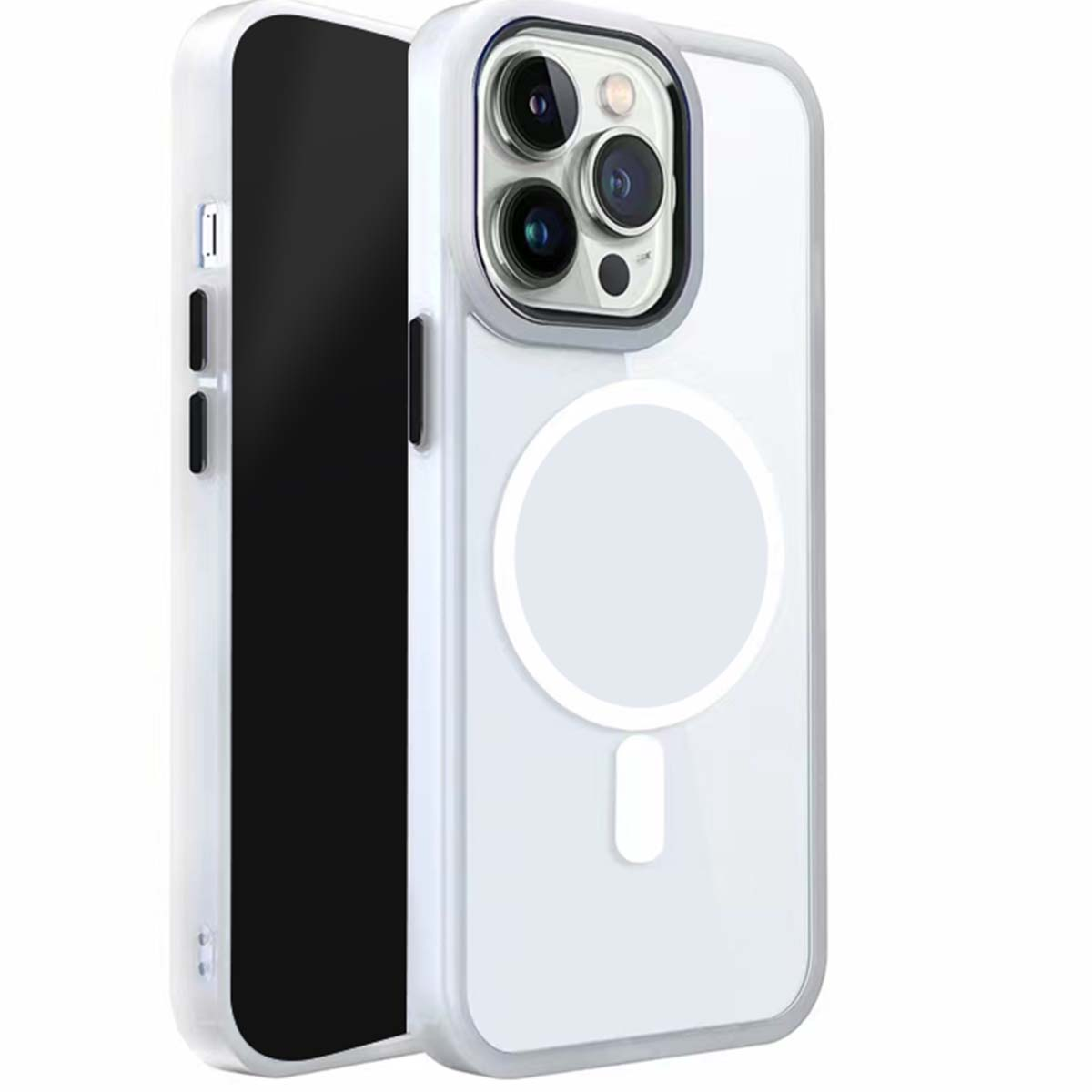 Viene mostrata una custodia trasparente per iPhone. È bianca con un cerchio e un rettangolo. Il telefono è nero.