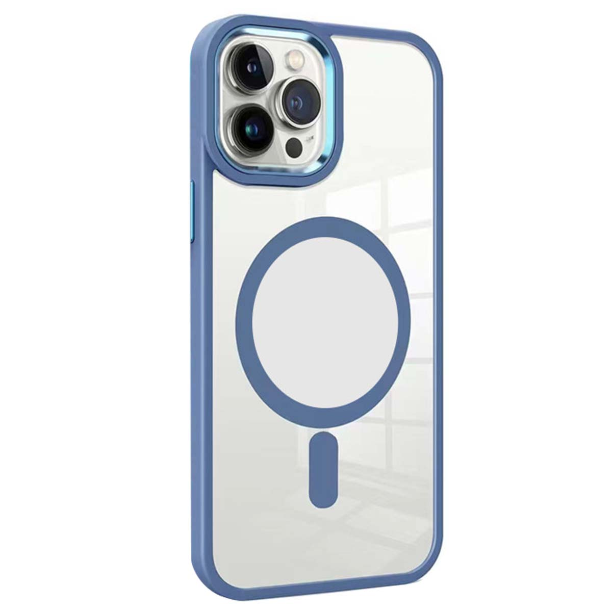 Una custodia trasparente per iPhone con cornice blu. Ha un cerchio blu e una barra verticale. Le lenti della fotocamera sono visibili in alto.