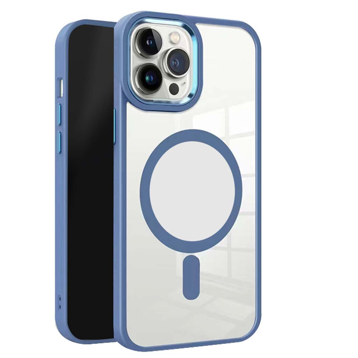 Custodia trasparente per telefono con bordi blu. Ha un design a cerchio e trattino. Il telefono è visibile.