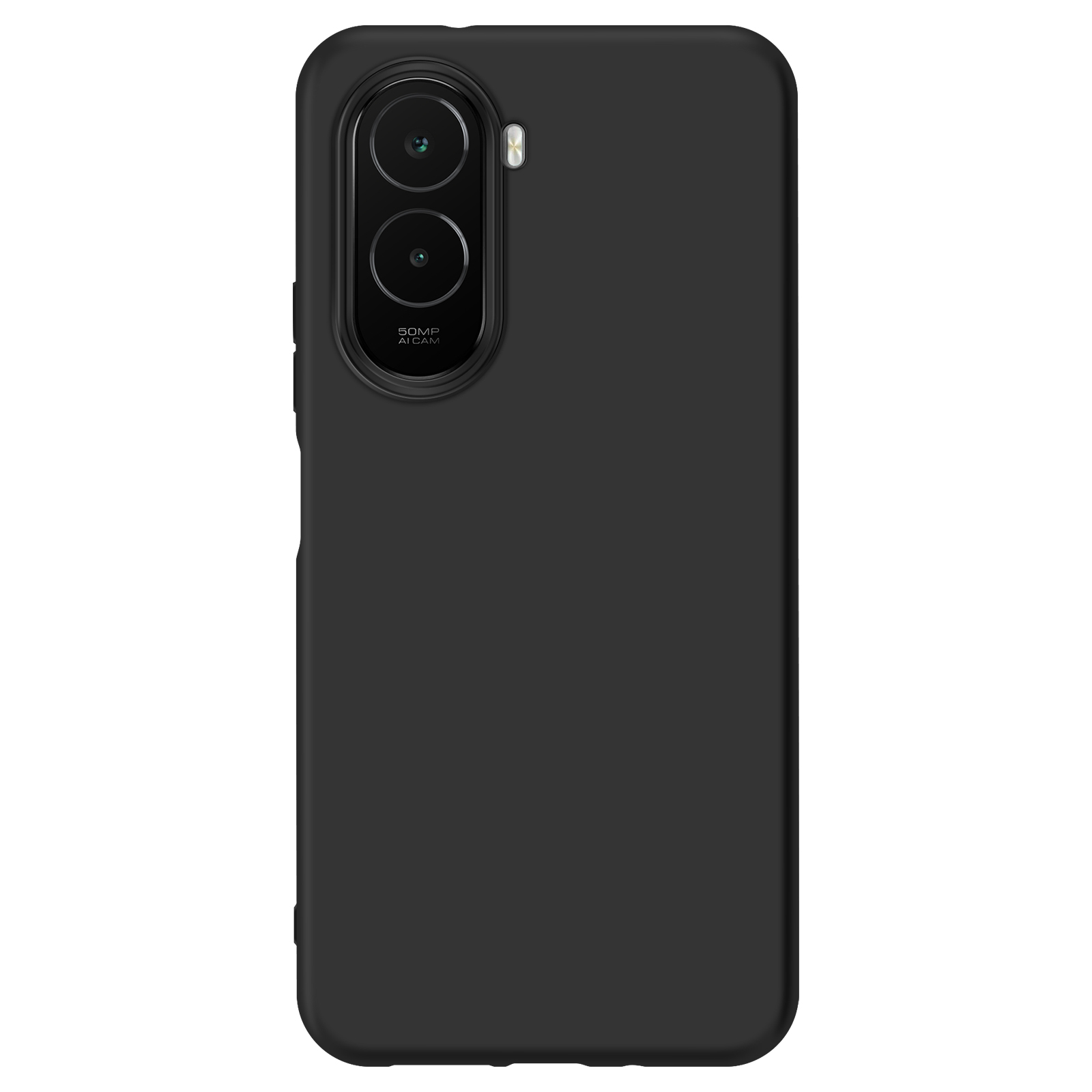 Zwarte telefoonhoes met camera-uitstulping. Twee lenzen en een flitser zijn zichtbaar.