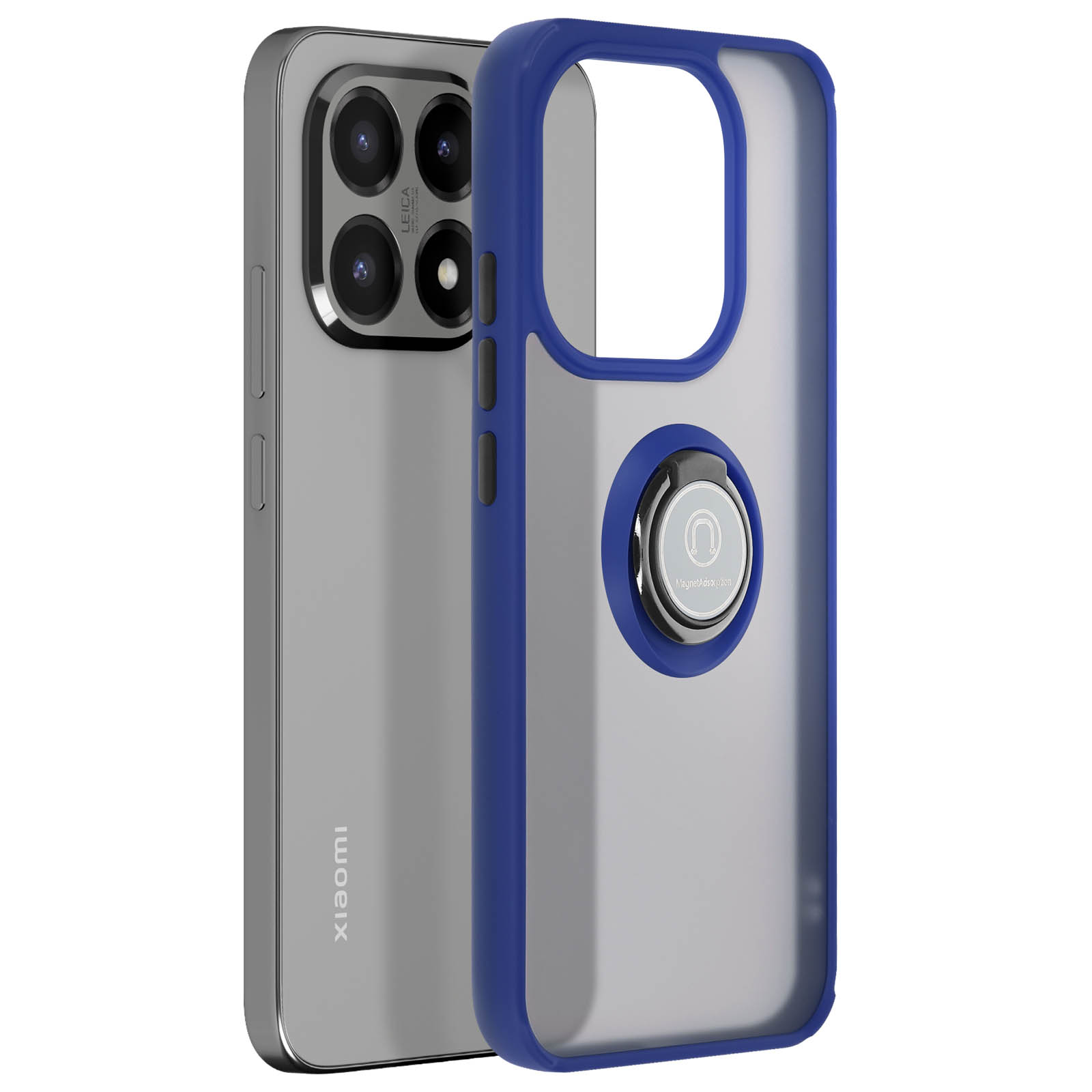 Een telefoon en een transparante hoes met blauwe randen. De telefoon heeft meerdere camera's. De hoes heeft een ringhouder.