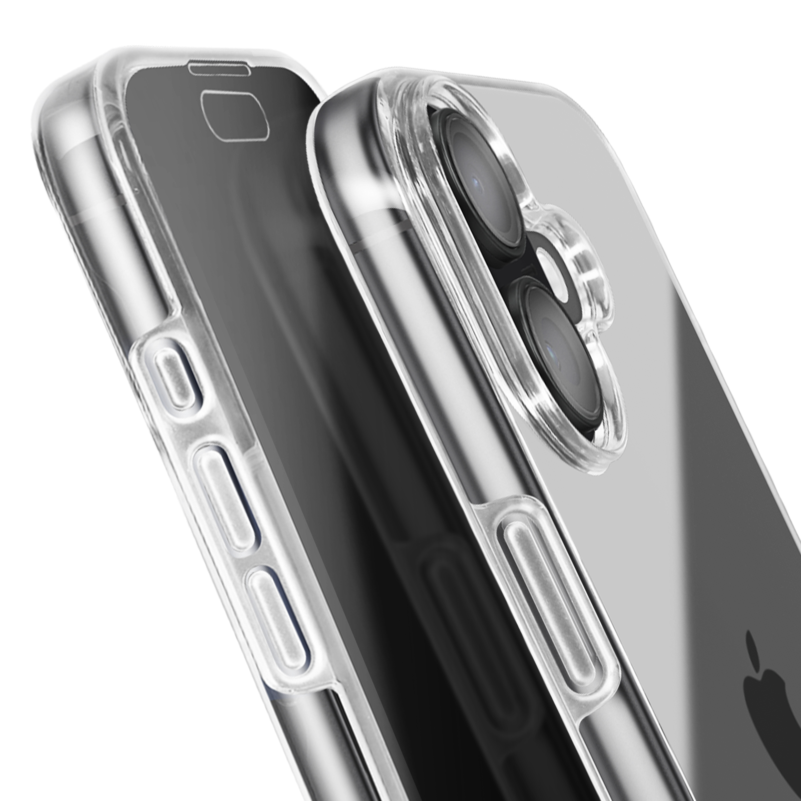 Transparante telefoonhoes. De hoes heeft openingen voor de camera en knoppen. Reflecterend. Witte achtergrond.