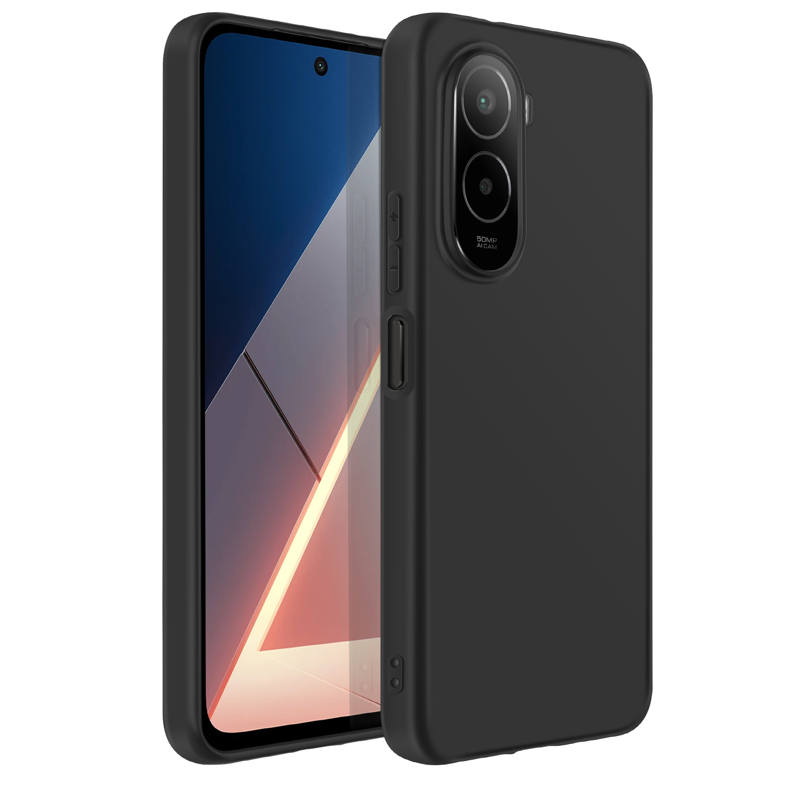 Een zwarte telefoon in een zwarte hoes. Het scherm toont een kleurrijke afbeelding. De telefoon heeft camera's.