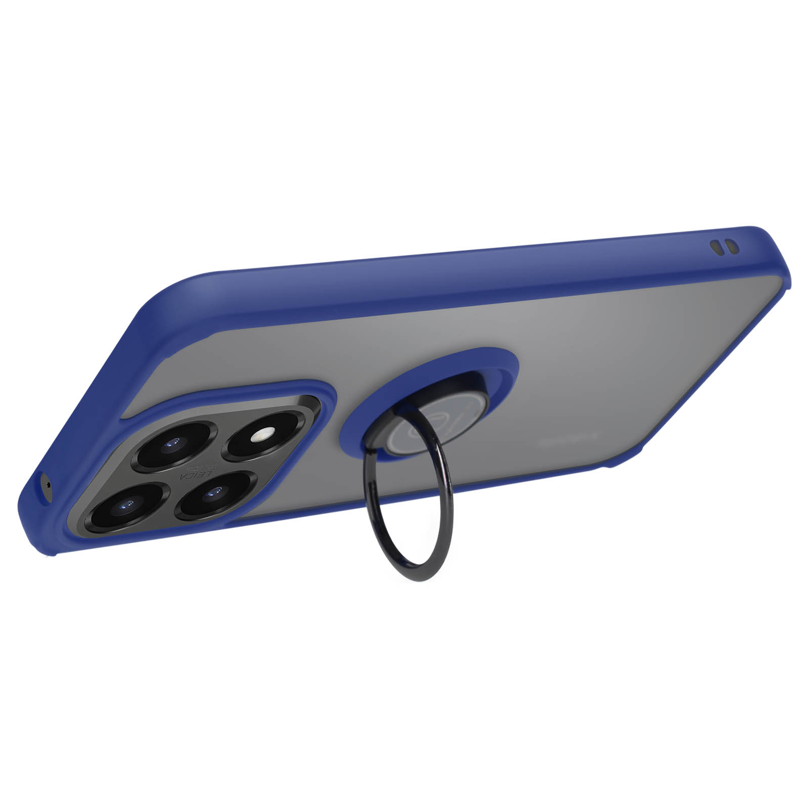 Een telefoonhoesje met een blauw frame, transparante achterkant en een zwarte ringstandaard, op een witte achtergrond.
