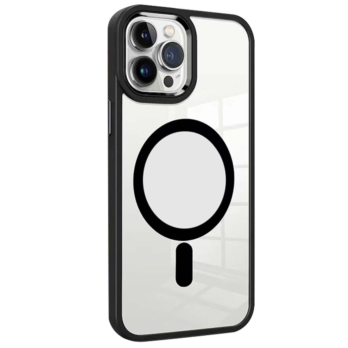 Transparente iPhone-Hülle mit schwarzem Rahmen. Merkmale: Kameraausschnitte, ein MagSafe-Kreis und ein kleiner Balken darunter.