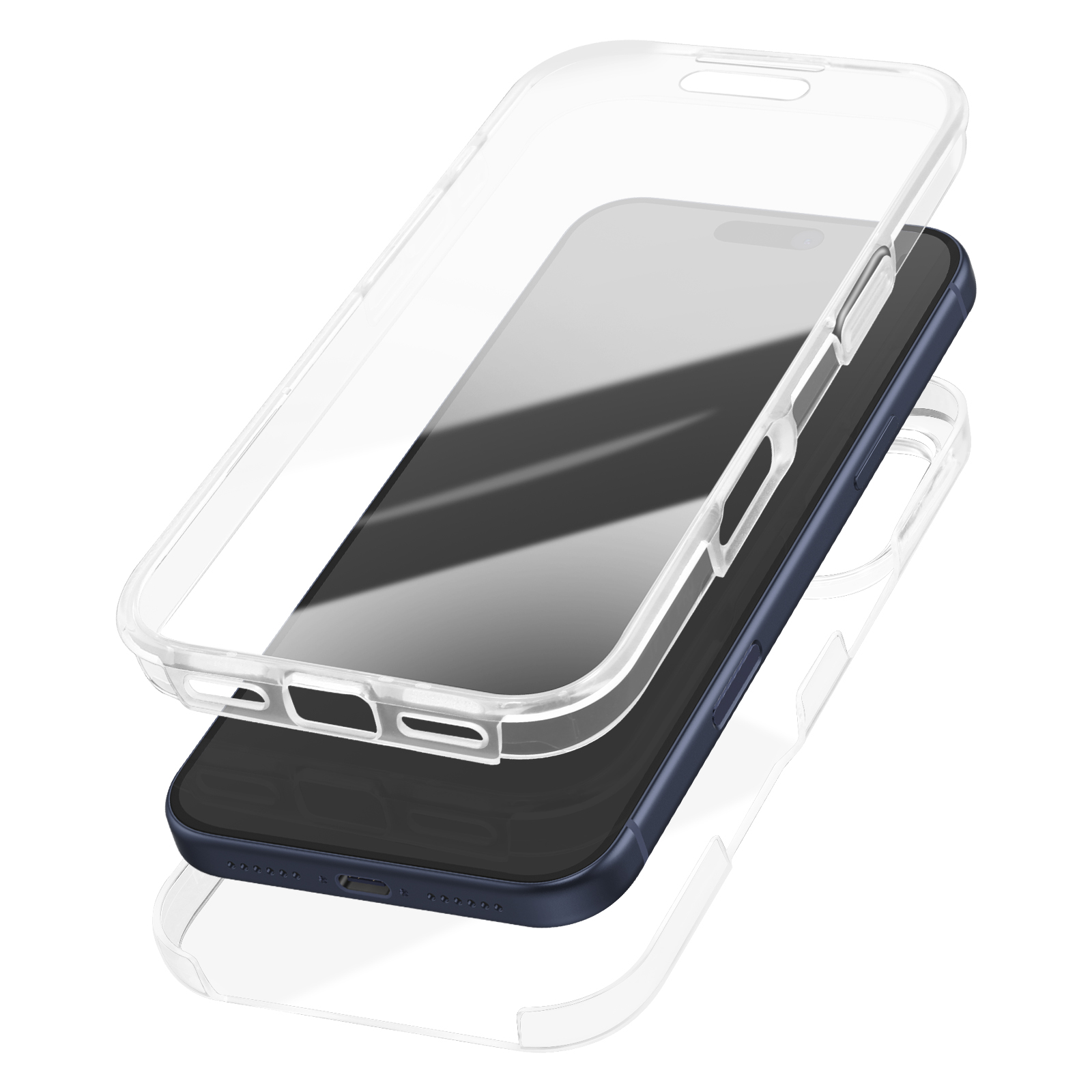 Er wordt een doorzichtige telefoonhoes getoond, met een donkerblauwe telefoon erin. De hoes bestaat uit drie delen.