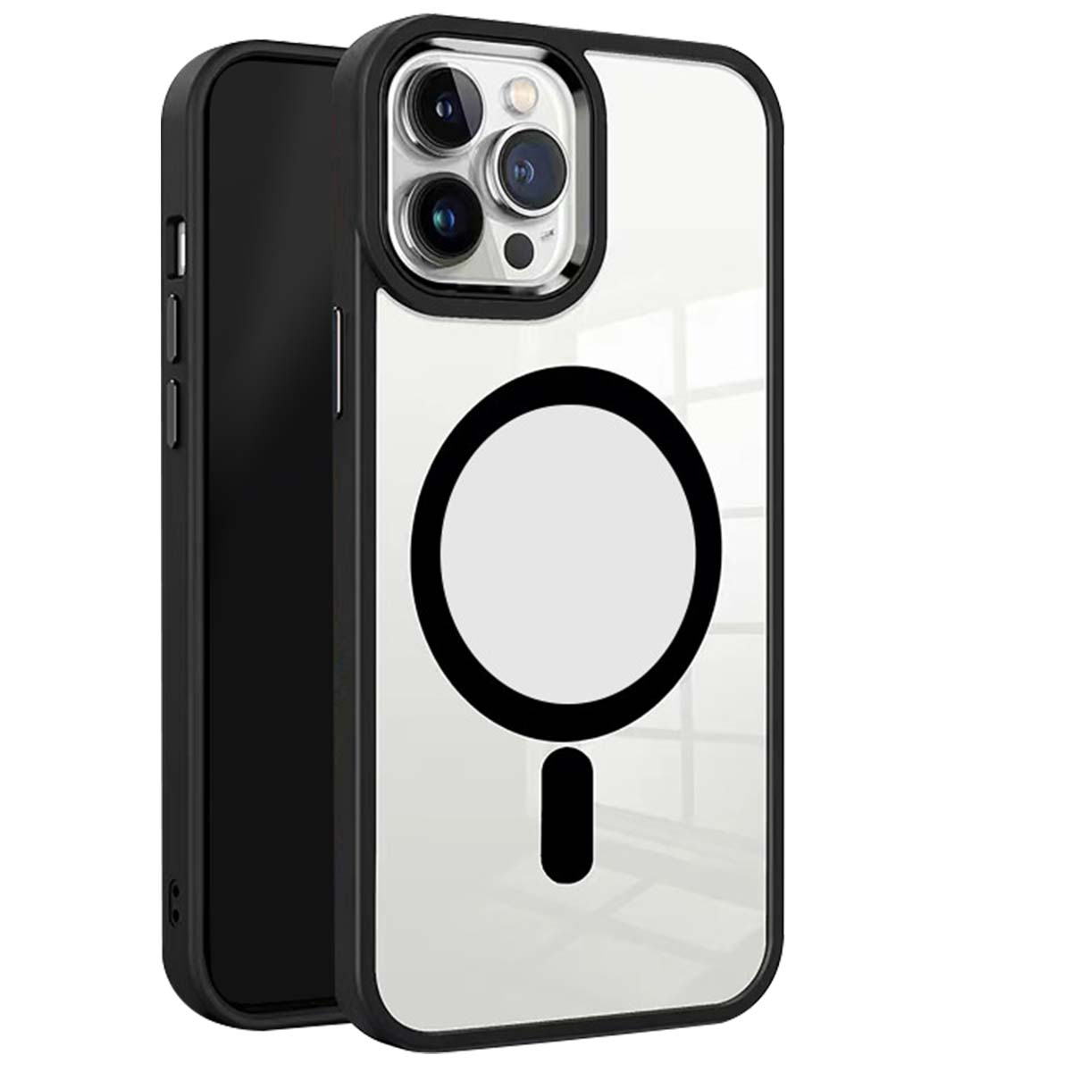 Eine transparente iPhone-Hülle mit schwarzem Rand. Auf der Rückseite befindet sich ein Kreis- und Strichdesign. Das Telefon ist schwarz.