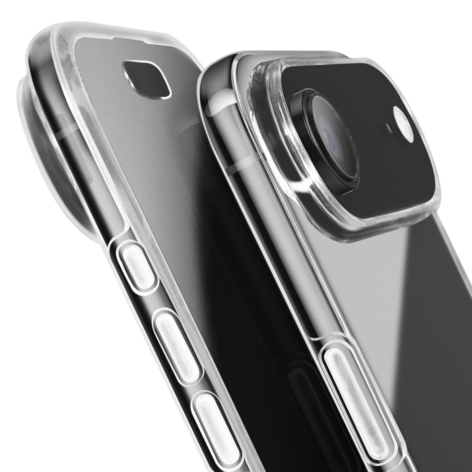 Due custodie trasparenti per telefono, una angolata verso la fotocamera. Dettagli della fotocamera e pulsanti visibili.