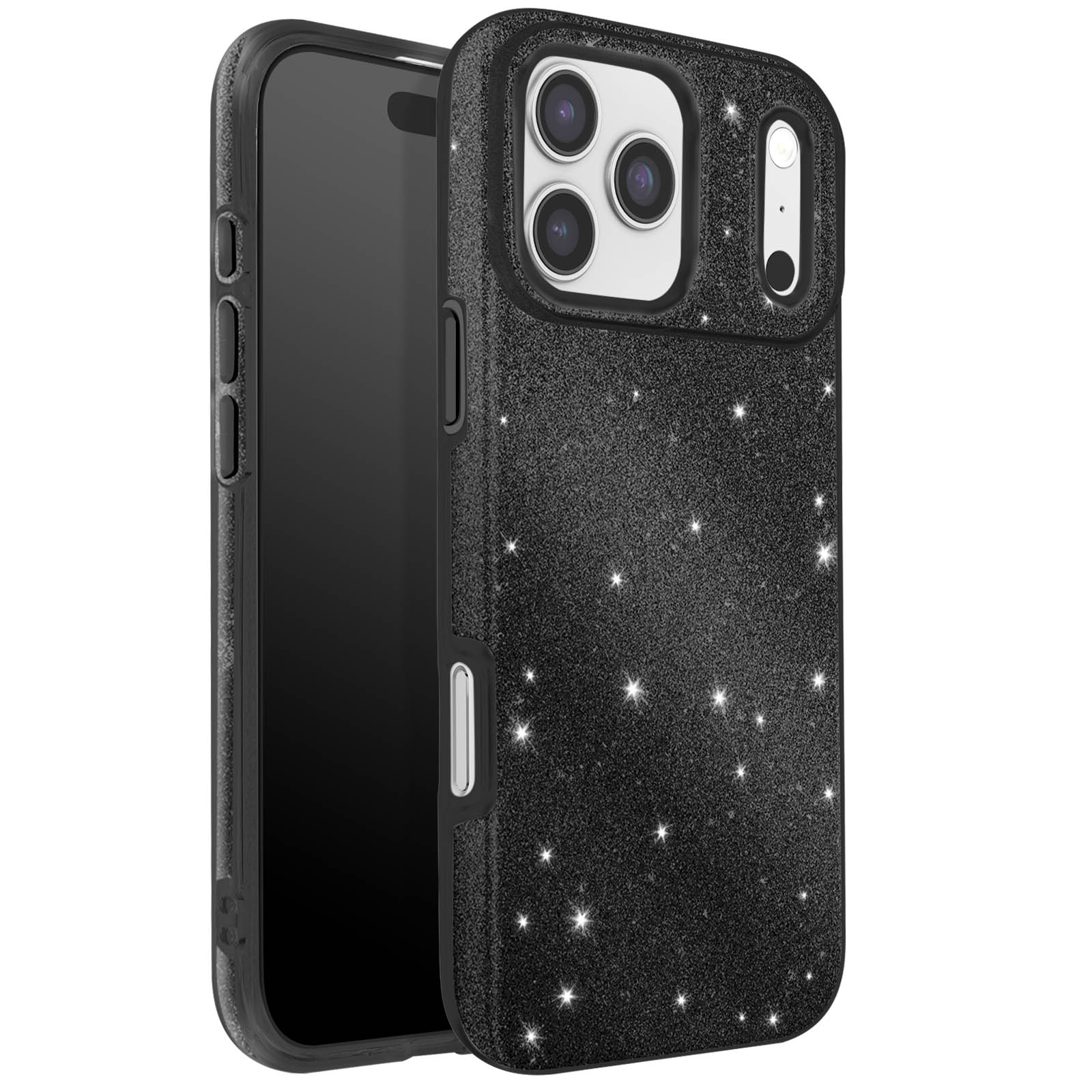 Zwarte telefoonhoes met glitter- en sterrenpatroon. Telefoon is zwart. Hoes heeft camera-uitsparing.