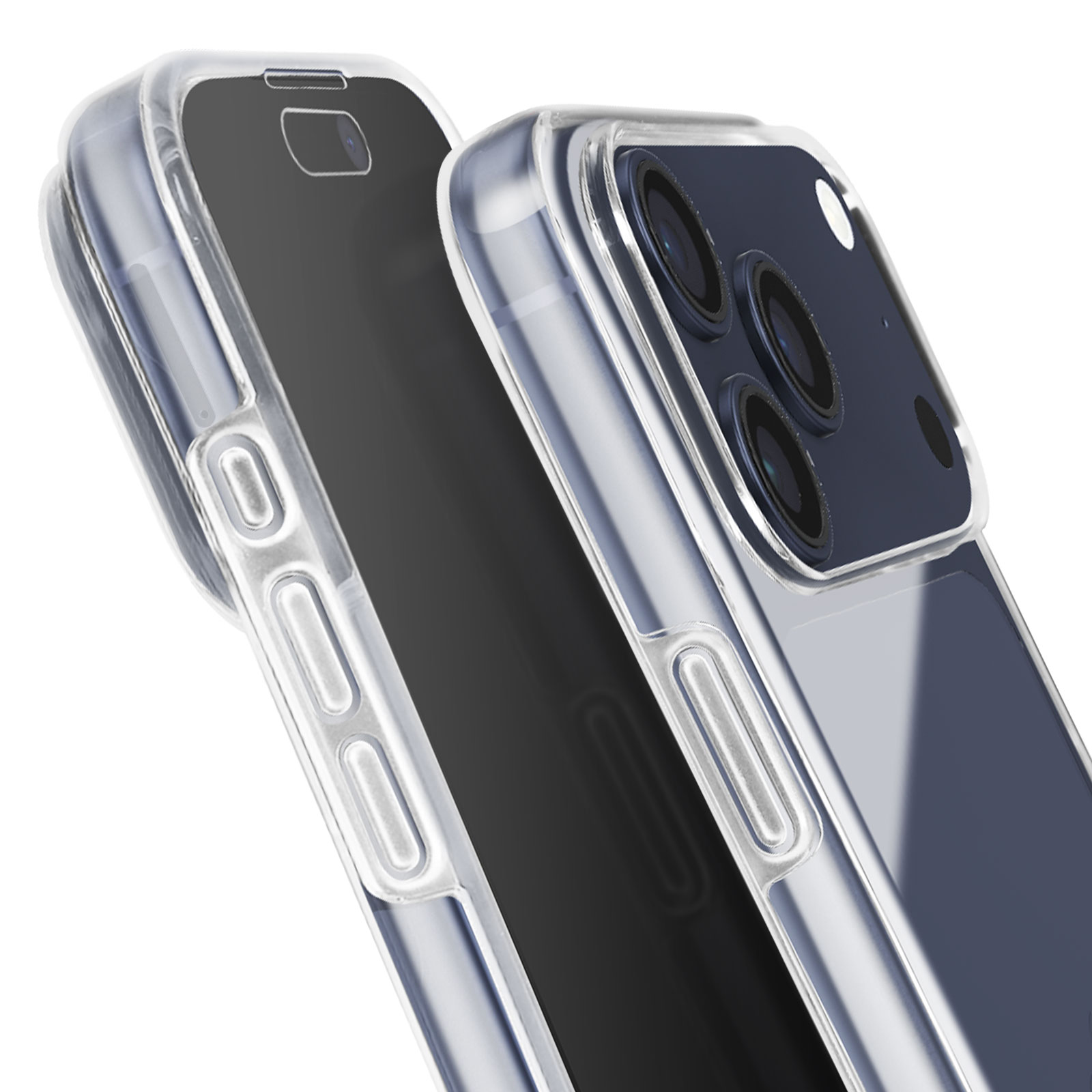 Twee doorzichtige telefoonhoesjes. Eén met zichtbare camera, de ander met scherm. Beide schuin op een witte achtergrond.