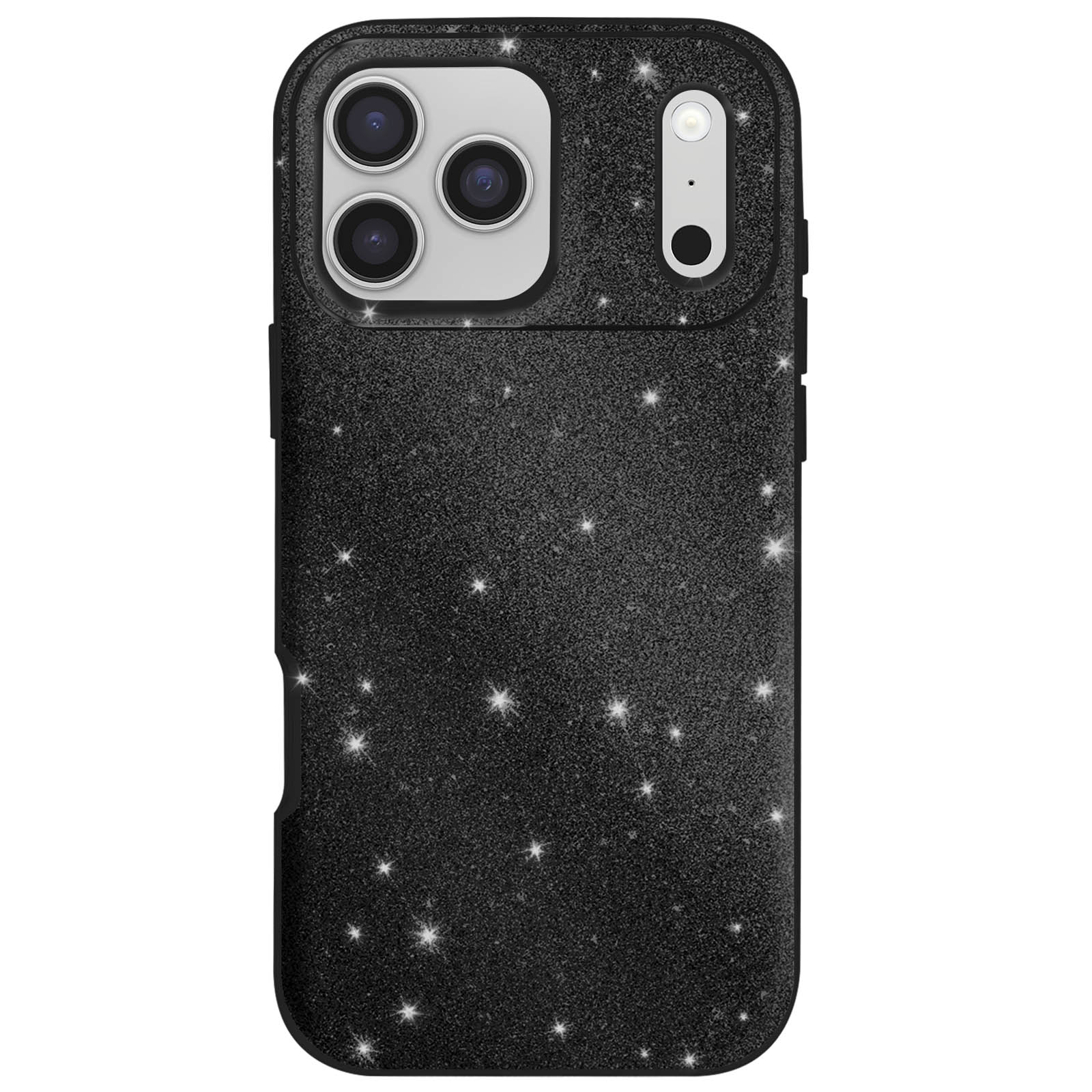 Zwarte telefoonhoes met glitter, met ruimte voor cameralenzen en flitser.