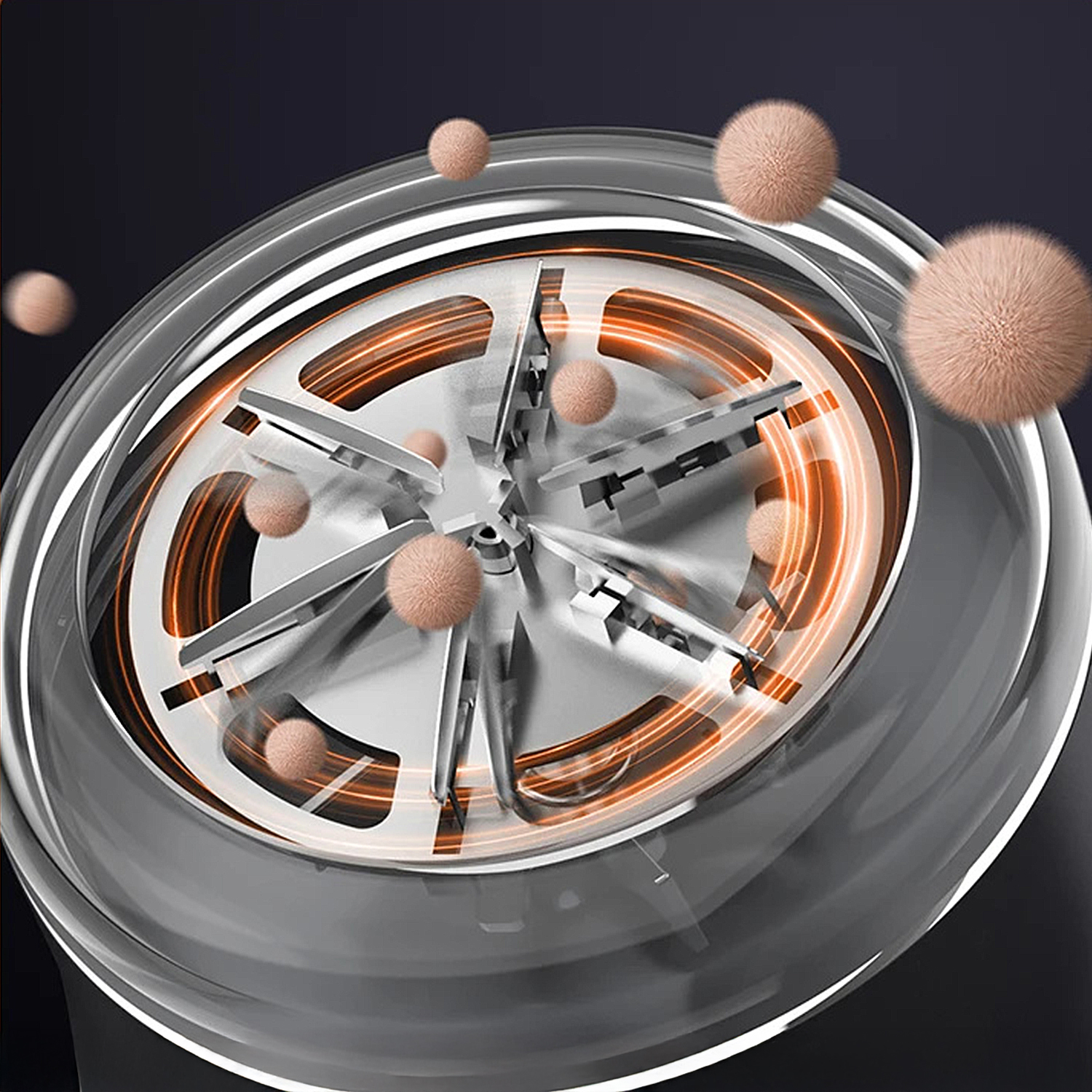 Nahaufnahme des Innenmechanismus einer Maschine. Rosa flauschige Kugeln schweben um ein zentrales Rad mit orangefarbenen Ringen.