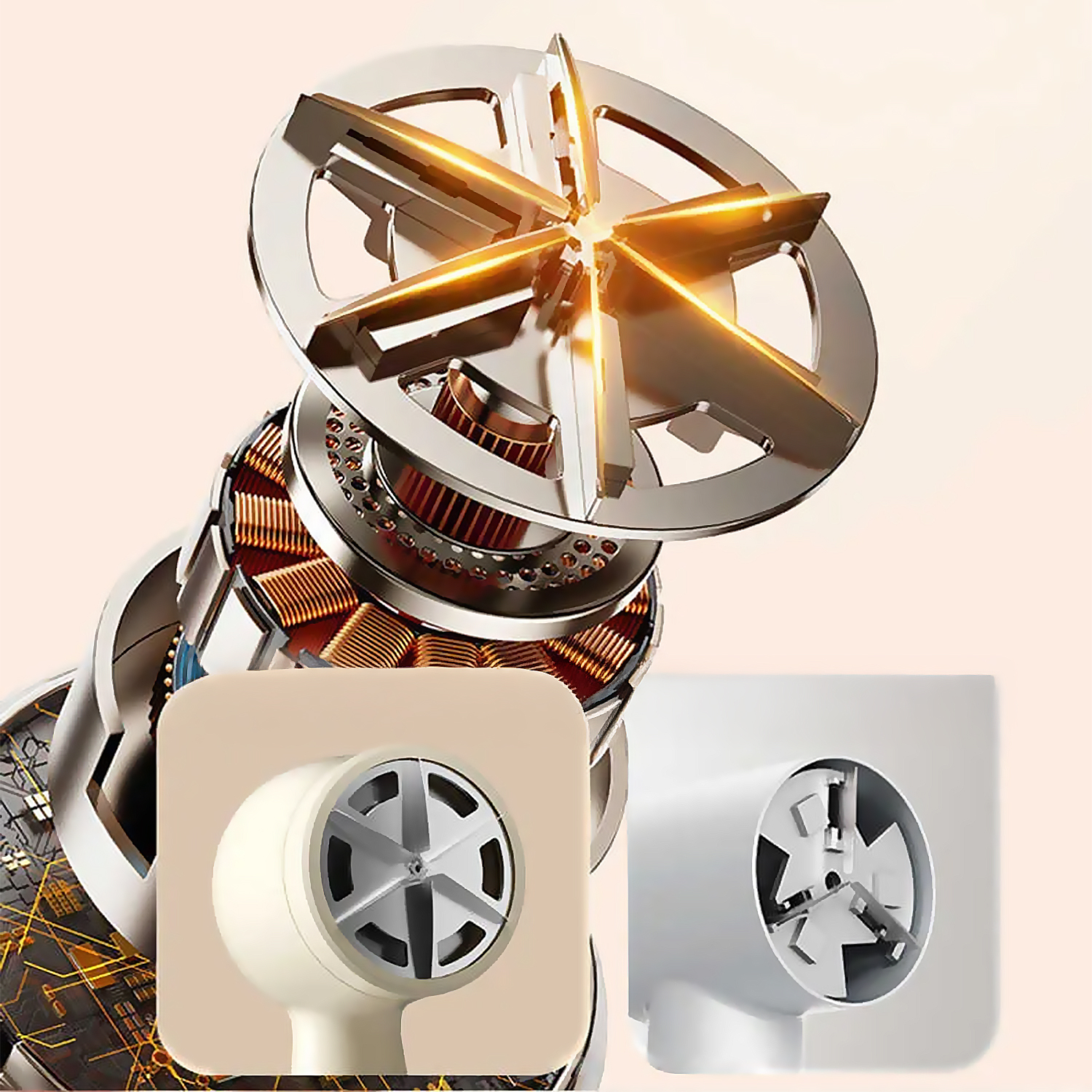 Nahaufnahme eines Metallventilators mit Flügeln. Zwei kleinere Ventilatoren werden unten dargestellt. Einer ist beige, der andere ist weiß. Kupferwicklungen sind sichtbar.