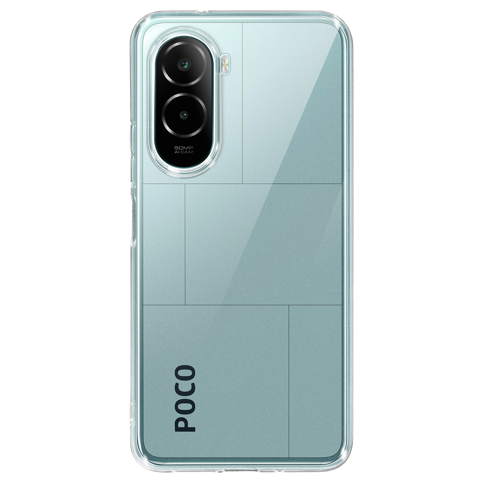 Un smartphone vert menthe dans une coque transparente. Il a un module caméra et le logo POCO. Le dos a un design géométrique.
