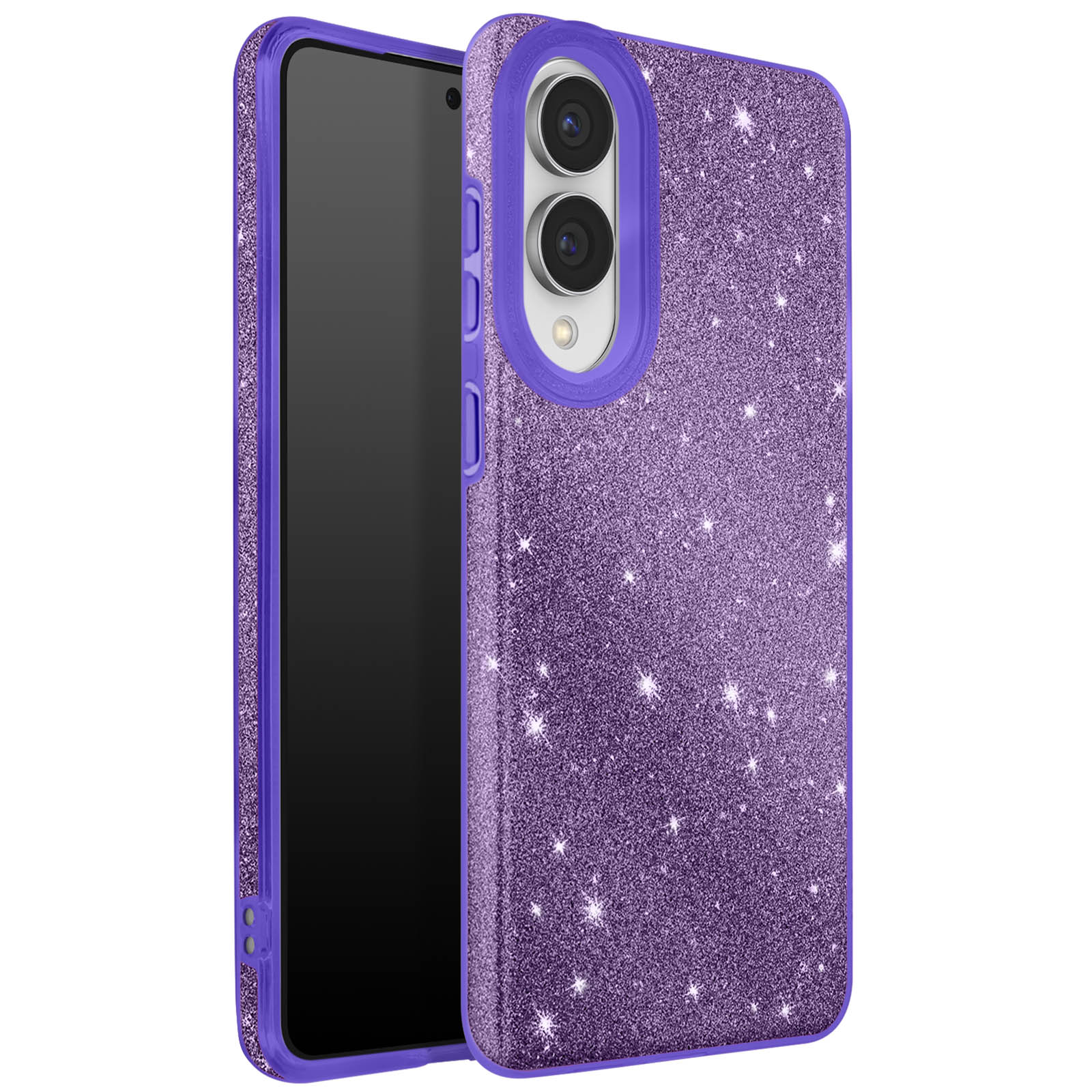 Coque de téléphone violet pailleté avec écran noir. Comprend des découpes pour appareil photo et boutons.