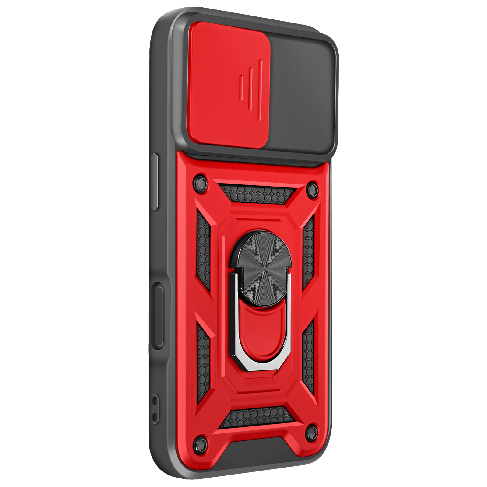 Una custodia per telefono rossa e nera con anello di supporto. Ha una copertura scorrevole per la fotocamera.