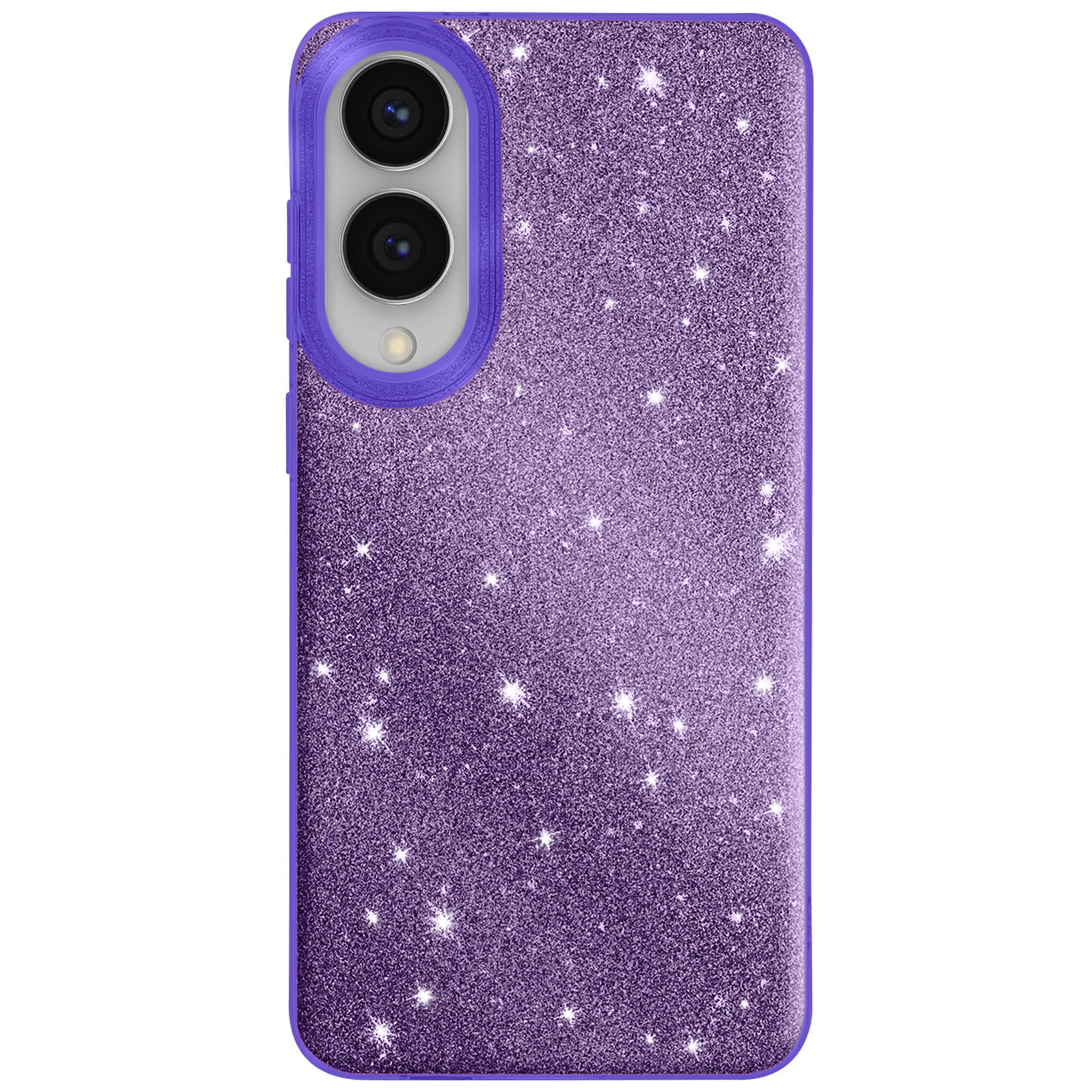Une coque de téléphone violet pailleté avec deux objectifs, bordée de violet, sur fond blanc.