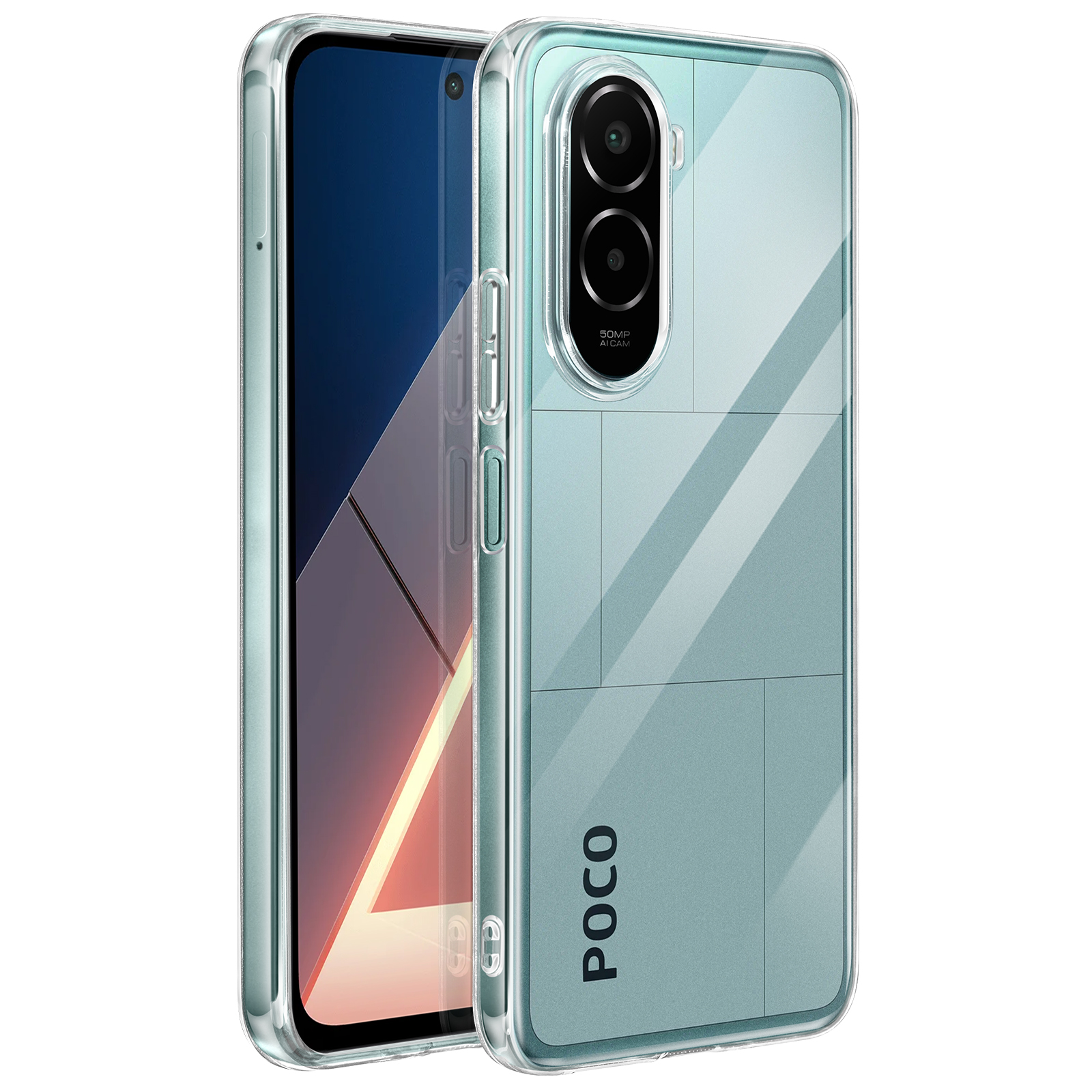 Un smartphone dans une coque transparente. Le téléphone a un dos bleu-vert et un écran. Deux caméras sont visibles.