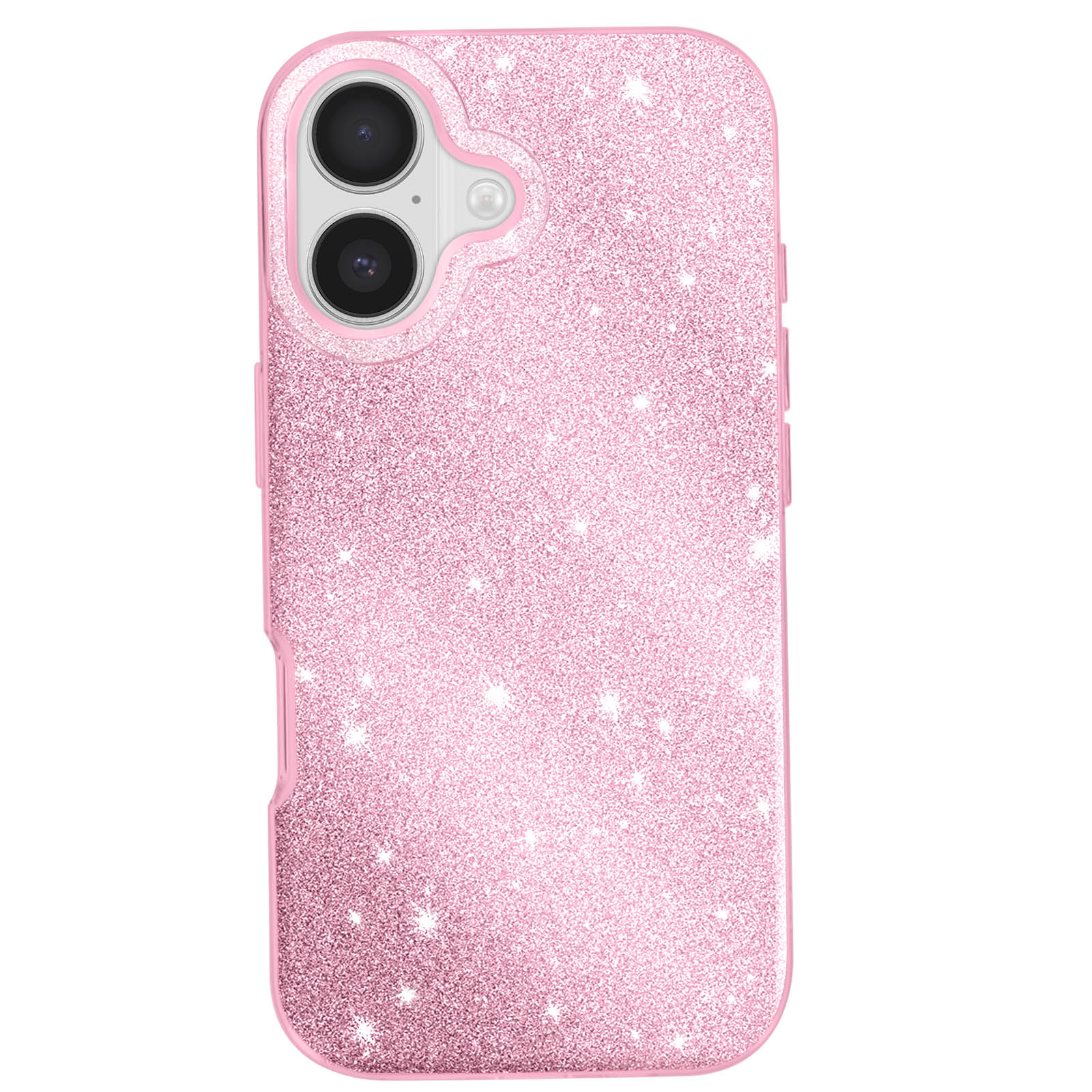 Roze glitter telefoonhoesje met camera-uitsparingen. De hoes is sprankelend met een gladde afwerking.