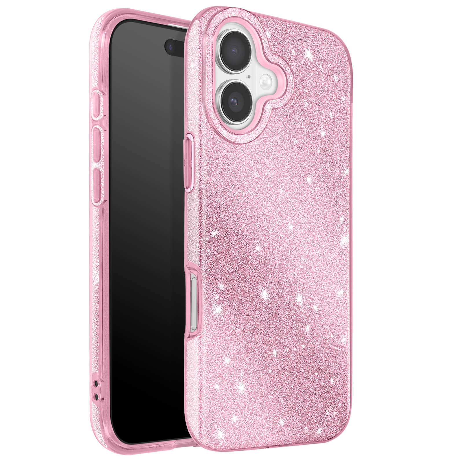 Roze glitter telefoonhoesje, met een zwarte telefoon erin. De hoes heeft camera-uitsparingen en zijknoppen.