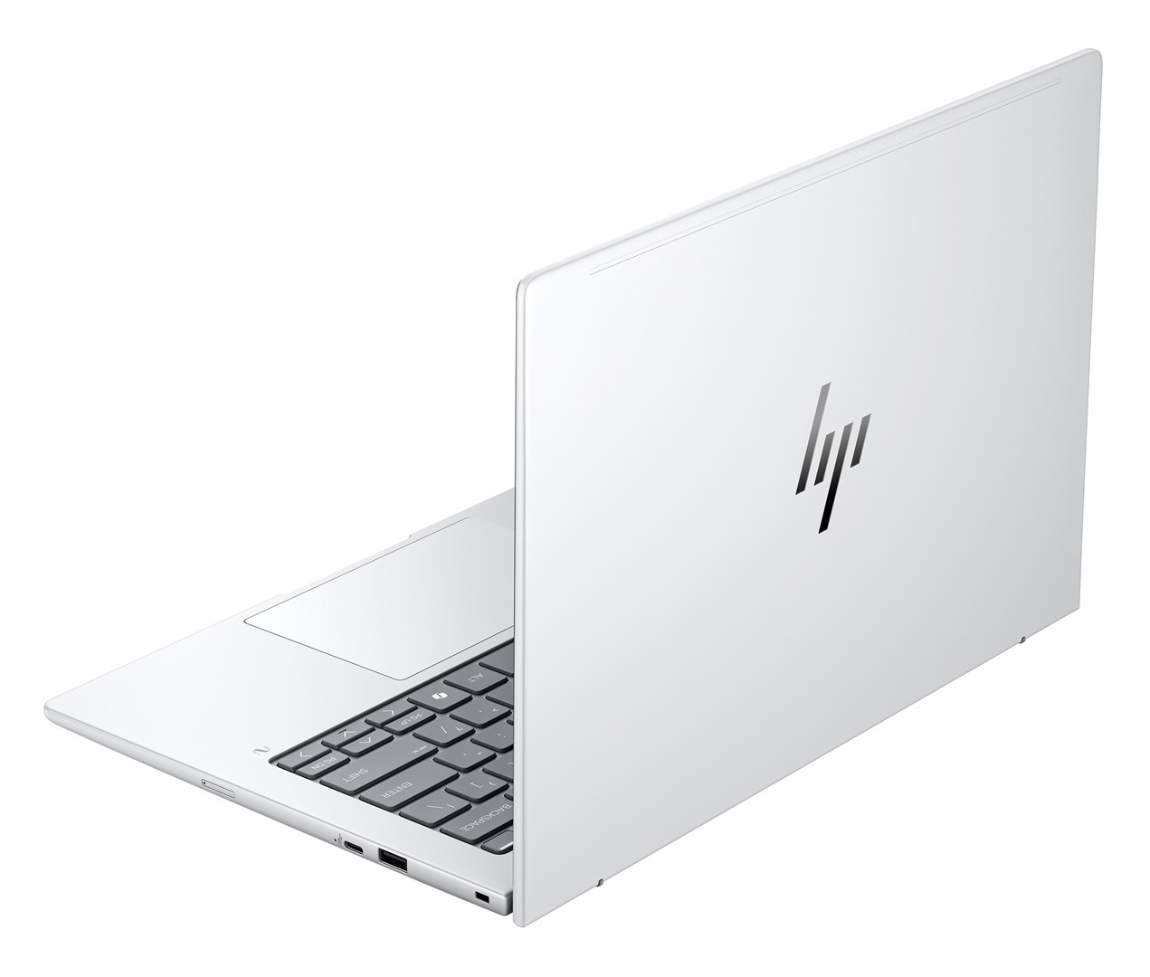 Biały laptop HP jest otwarty. Klawiatura jest widoczna. Logo HP znajduje się na pokrywie. Tło jest białe.