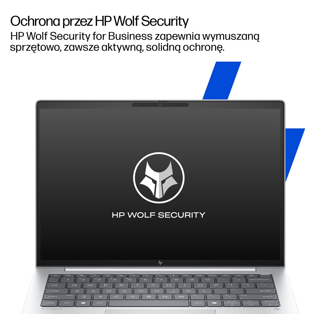 Laptop wyświetla logo HP Wolf Security. Tekst: 'Ochrona przez HP Wolf Security'. Klawiatura widoczna pod ekranem.
