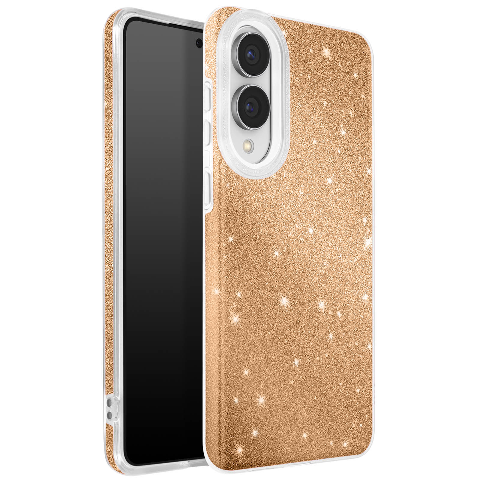 Un téléphone dans un étui doré scintillant. Le téléphone est noir. L'étui a un bord transparent.