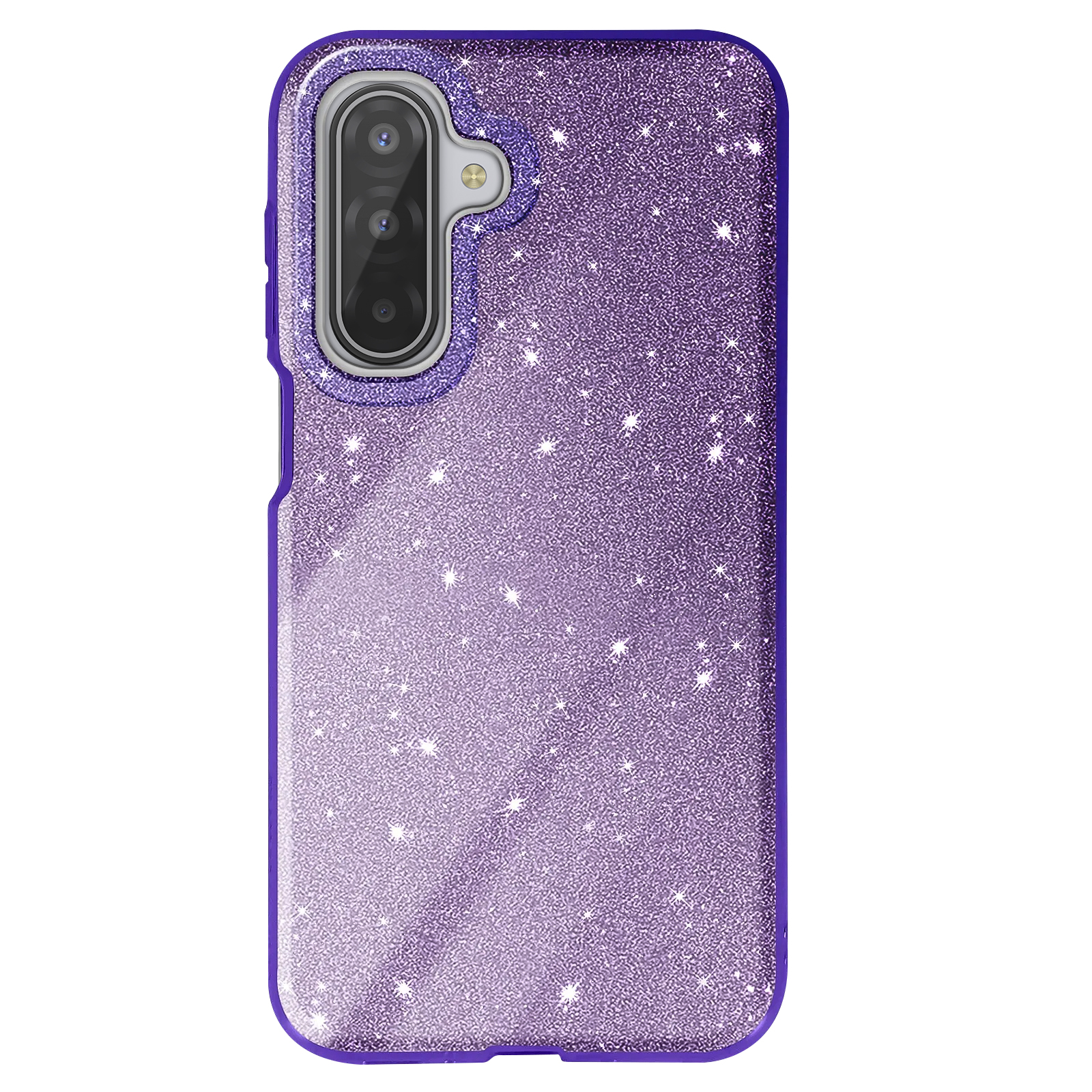 Une coque de téléphone violette à paillettes. Elle a une découpe pour l'appareil photo et un bord violet.