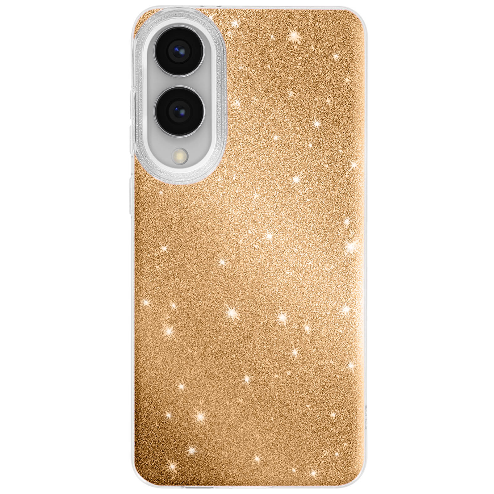 Une coque de téléphone avec un motif de paillettes dorées. L'étui a deux lentilles de caméra et un bord blanc.