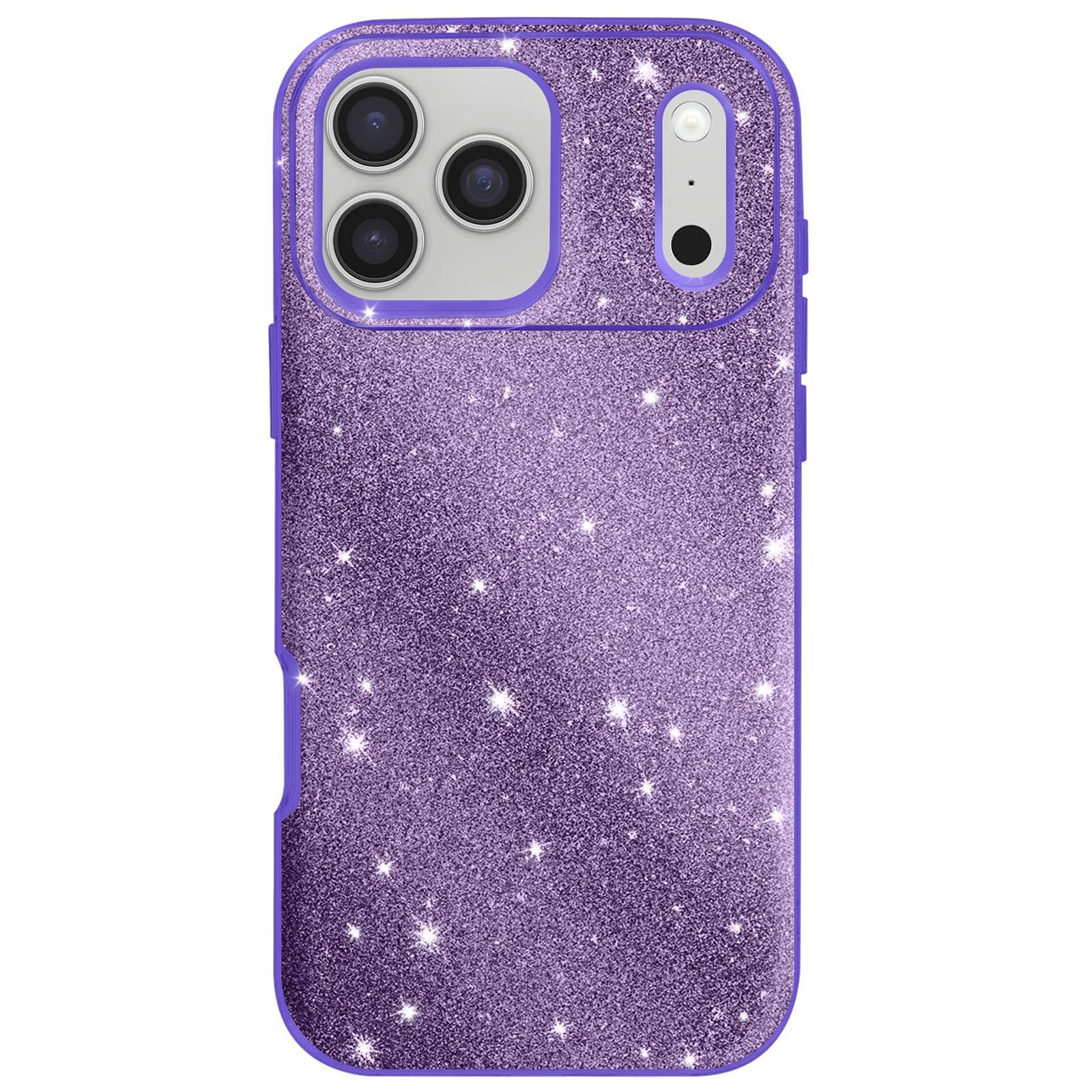 Een paarse glitter telefoonhoes met camera-uitsparingen en steraccenten, op een witte achtergrond.