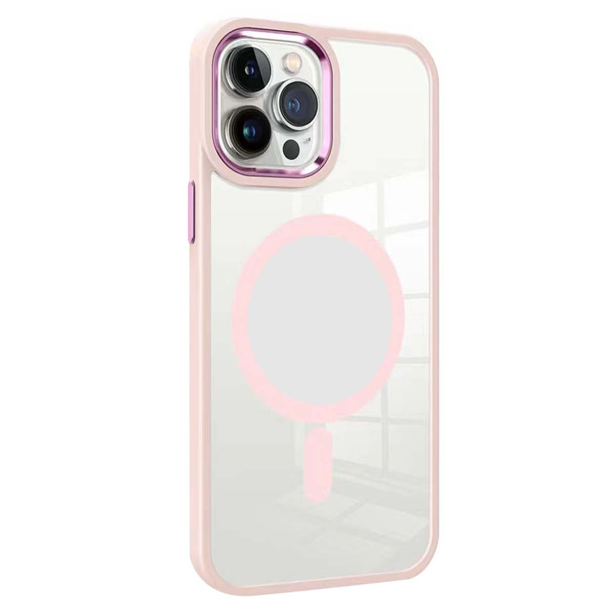 Una custodia trasparente per iPhone con bordo rosa e un design a cerchio rosa sul retro. La fotocamera del telefono è visibile.