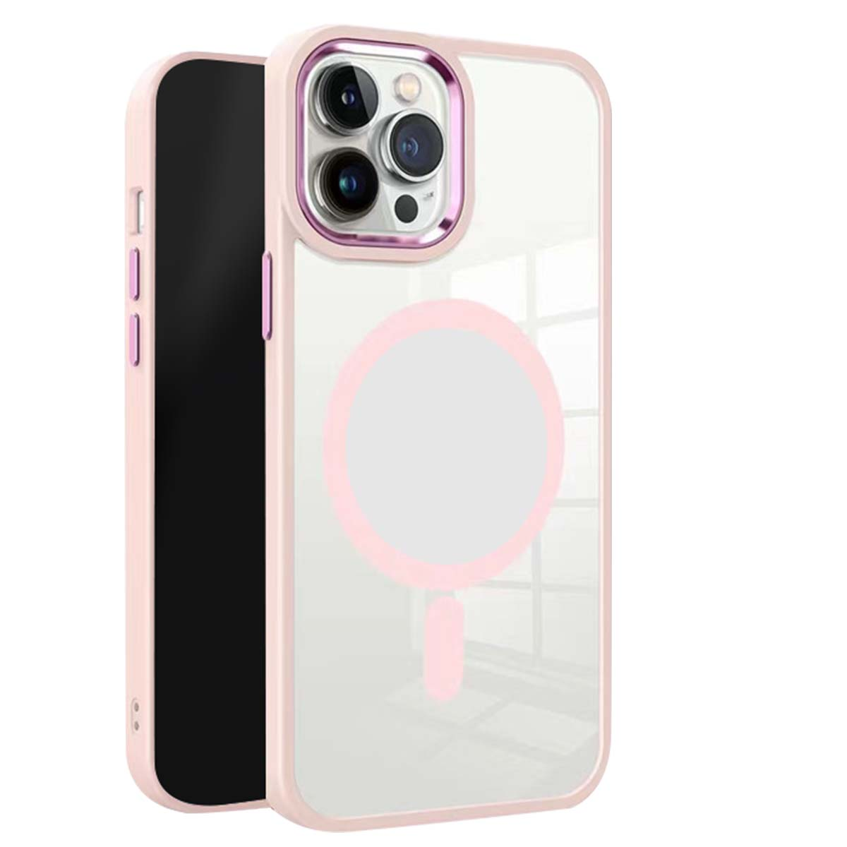 Una custodia trasparente per telefono con dettagli rosa. Ha un bordo rosa e un cerchio rosa sul retro. Lo schermo del telefono è nero.