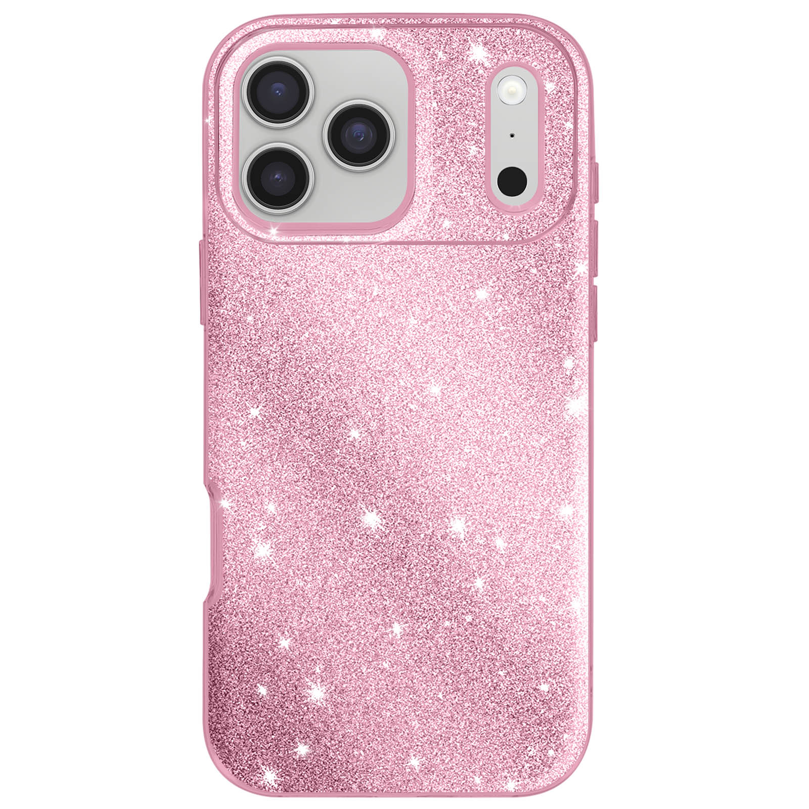 Een roze glitter telefoonhoesje met camera-uitsparingen wordt getoond tegen een witte achtergrond.
