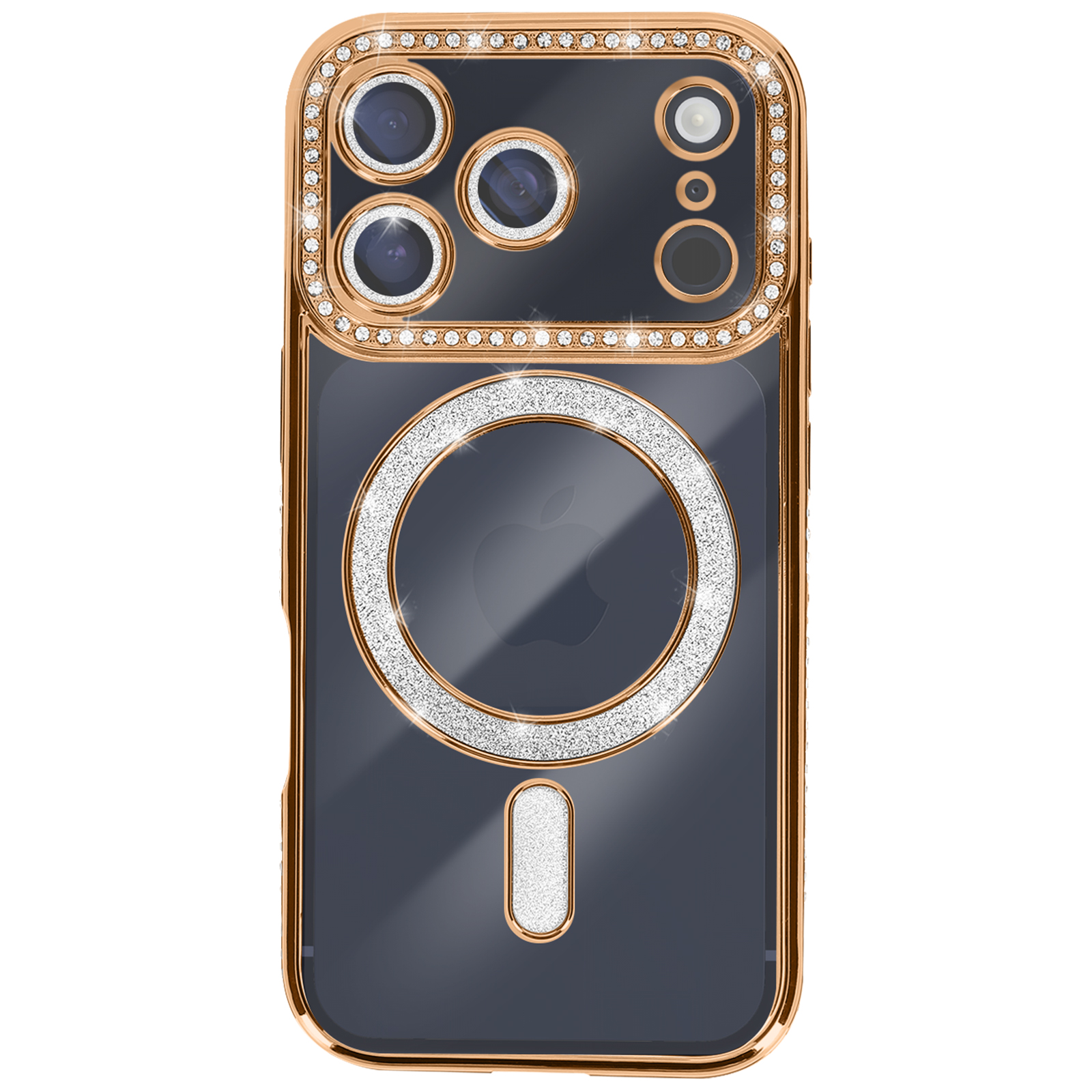 Une coque de téléphone avec une bordure dorée, des strass et un dos gris foncé. Elle a un design MagSafe circulaire.