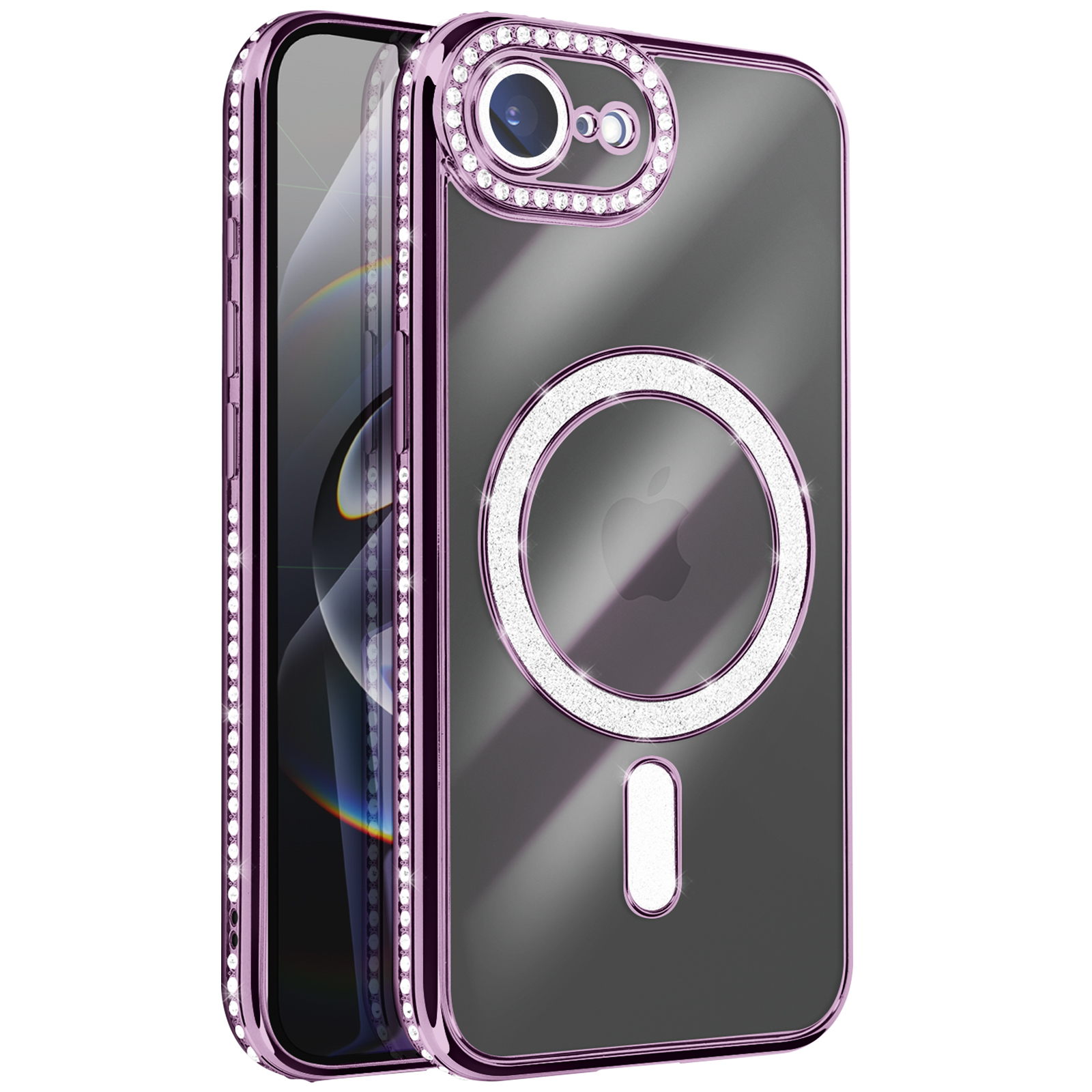 Een telefoonhoesje met een paars frame en een doorzichtige achterkant. Het heeft juweelaccenten rond de camera en een magnetische cirkel.