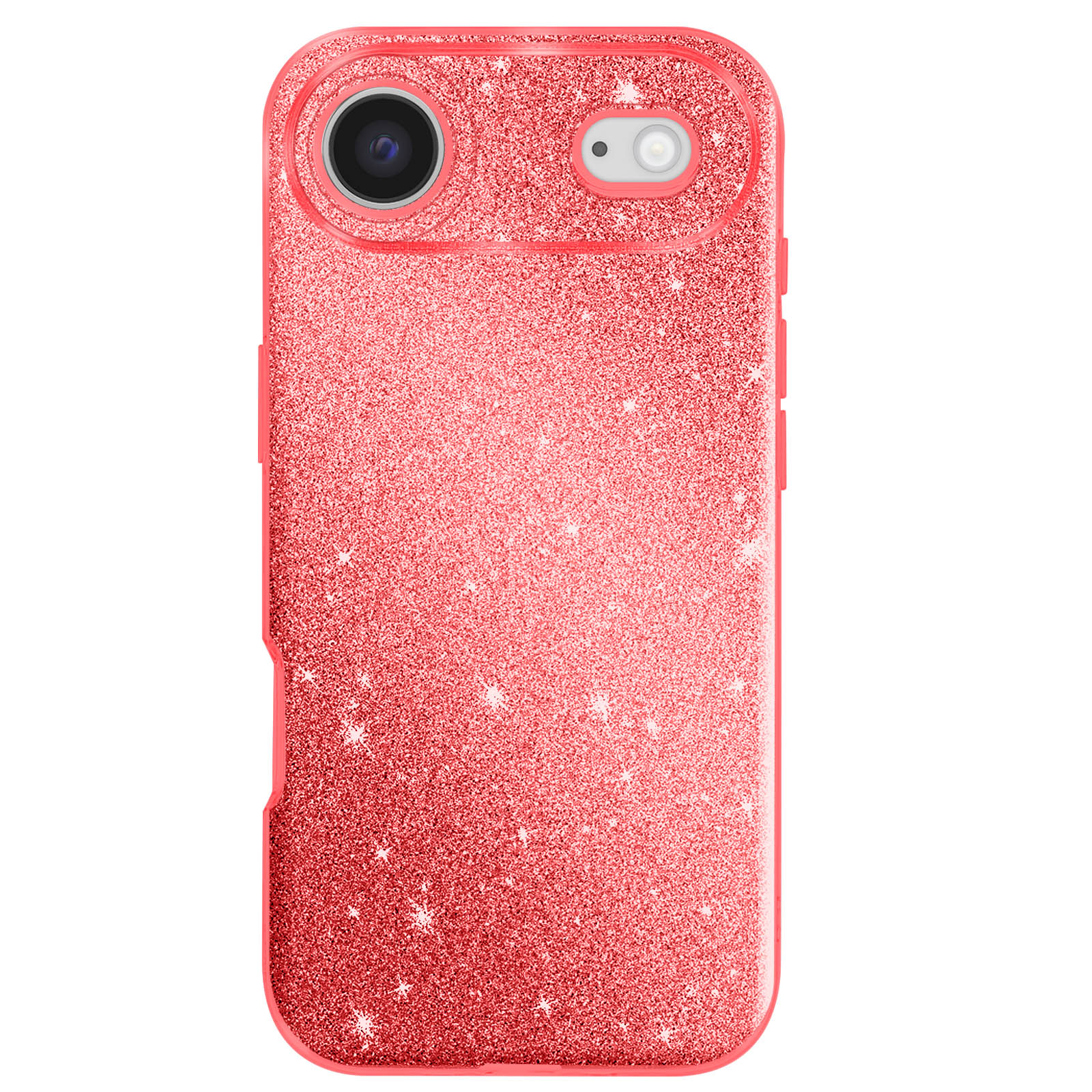 Un étui de téléphone rouge scintillant avec ouvertures pour caméra et flash, sur fond blanc.