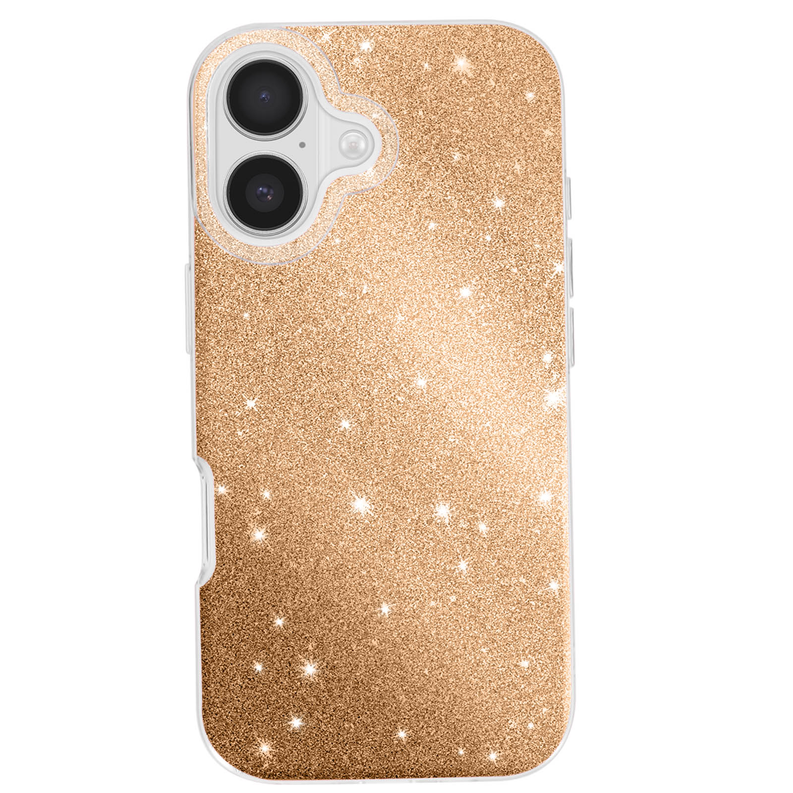 Een telefoonhoesje met een glinsterend gouden oppervlak. De hoes heeft een transparante omtrek met uitsparingen voor de camera en knoppen.