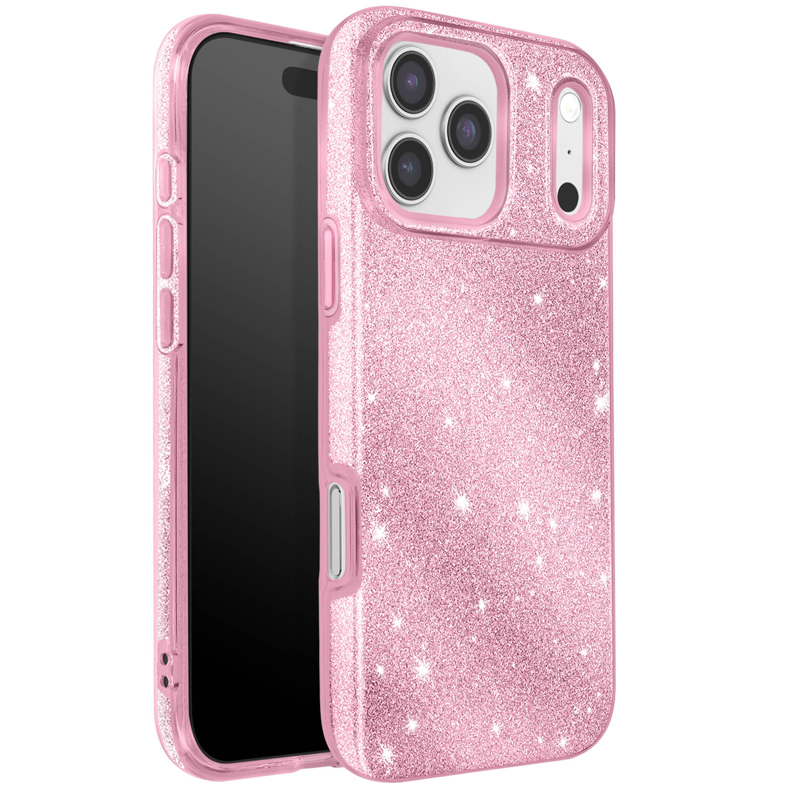 Roze glittertelefoonhoesje met zwarte telefoon. Toont camera's en knoppen aan de zijkant. Glitter is zichtbaar.