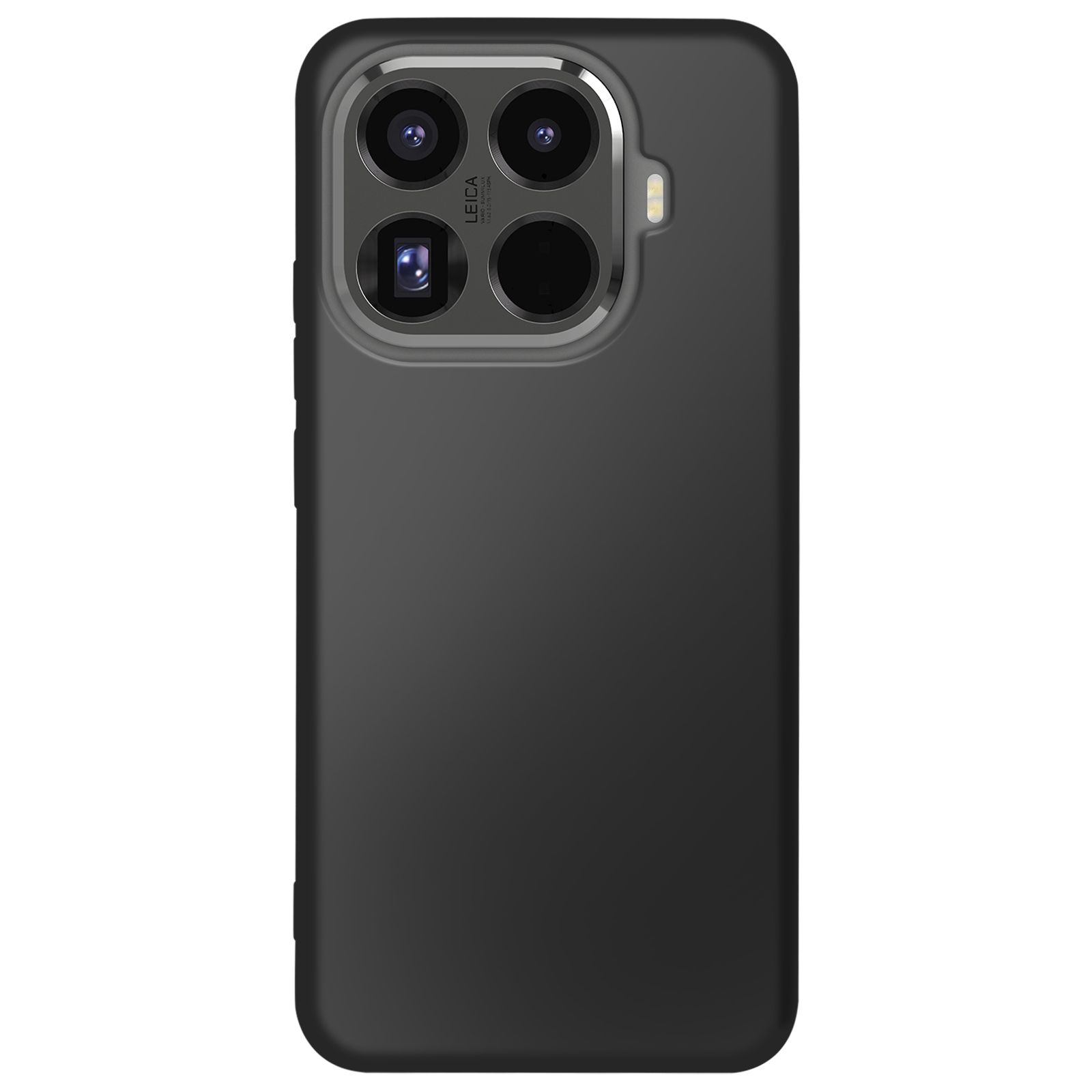 Ein schwarzes Telefon mit Kameraausbuchtung, vier Linsen und dem Leica-Logo.