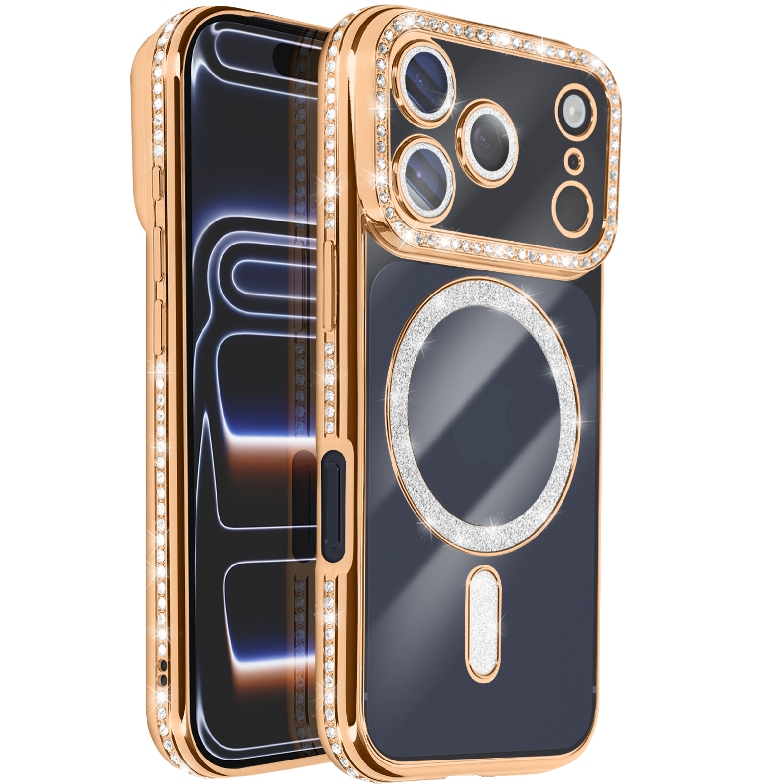 Un étui de téléphone doré avec des strass, montrant l'arrière et le côté du téléphone. L'étui a un dos gris foncé.