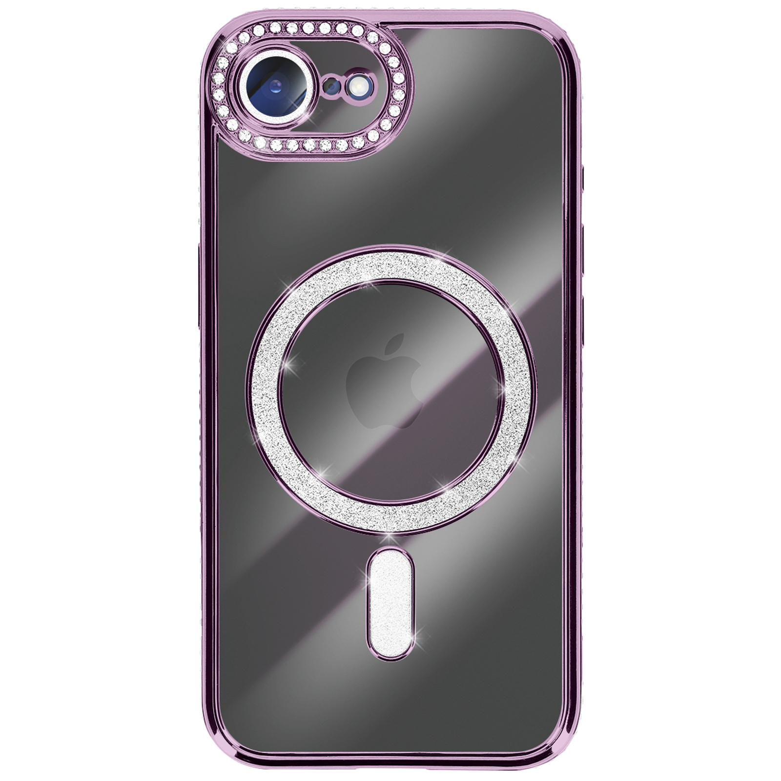 Een telefoonhoesje met een paars frame. Het heeft een cameraring en een cirkel met glitter. Apple-logo zichtbaar.