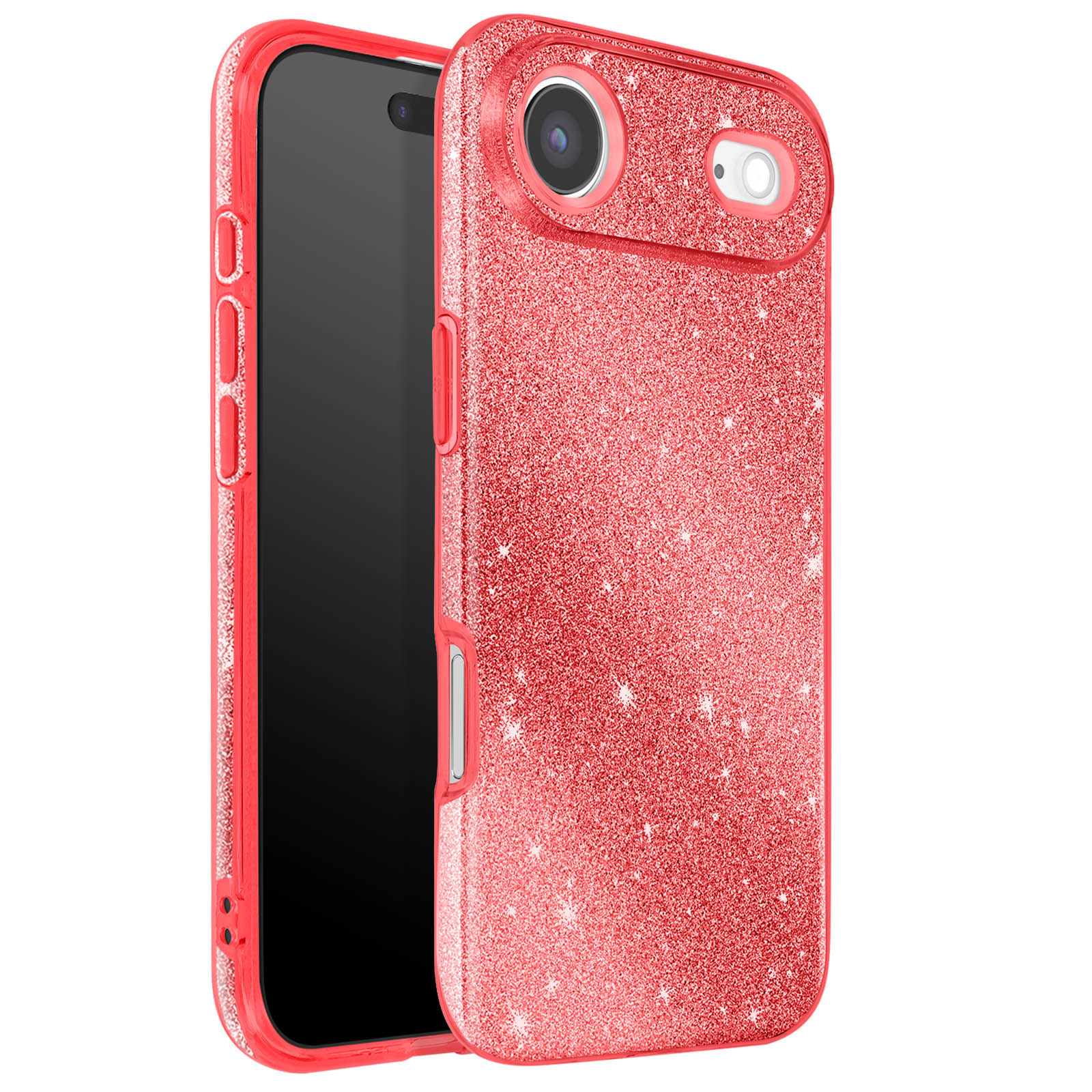 Une coque de téléphone rouge scintillante avec un téléphone noir à l'intérieur. La coque a des ouvertures pour l'appareil photo et les boutons.