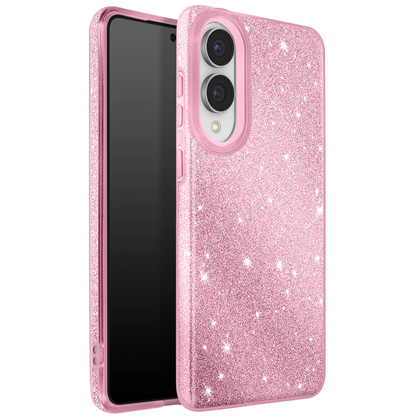 Een roze glitter telefoonhoesje met een telefoon erin. De hoes heeft een camera-uitsparing en glinstert.