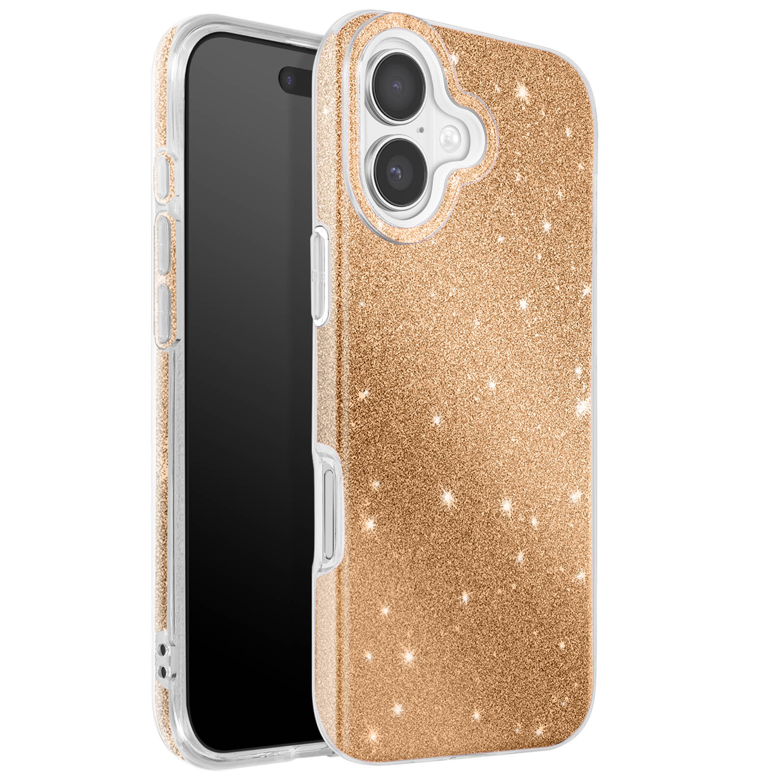 Een telefoon in een gouden glitter hoesje, iets gekanteld. Het telefoonscherm is zwart. De hoes heeft heldere zijkanten.